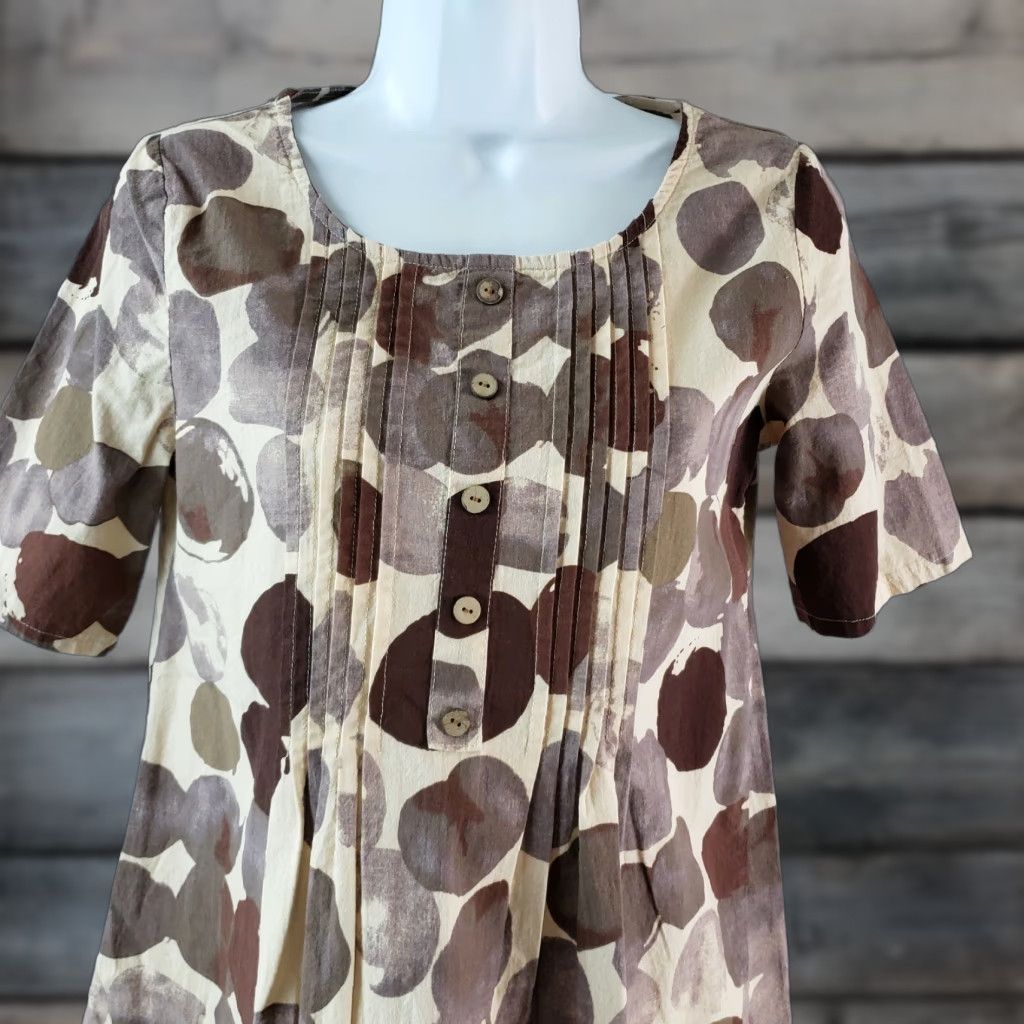Vintage Cellabie Womens Top XS Brown Beige Short Sleeve Pleated Cotton Blend Blouse Size XS / US 0-2 / IT 36-38 - 1 Thumbnail