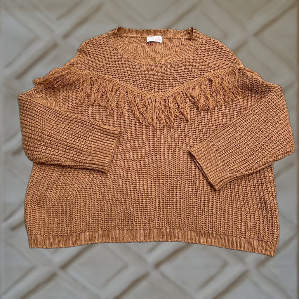 Vintage Pink Lily Women's Fringe Sweater Acrylic Crew Neck Pullover Bohemian Casual Knit Fall Winter Small Brown Size S / US 4 / IT 40 - 1 Thumbnail