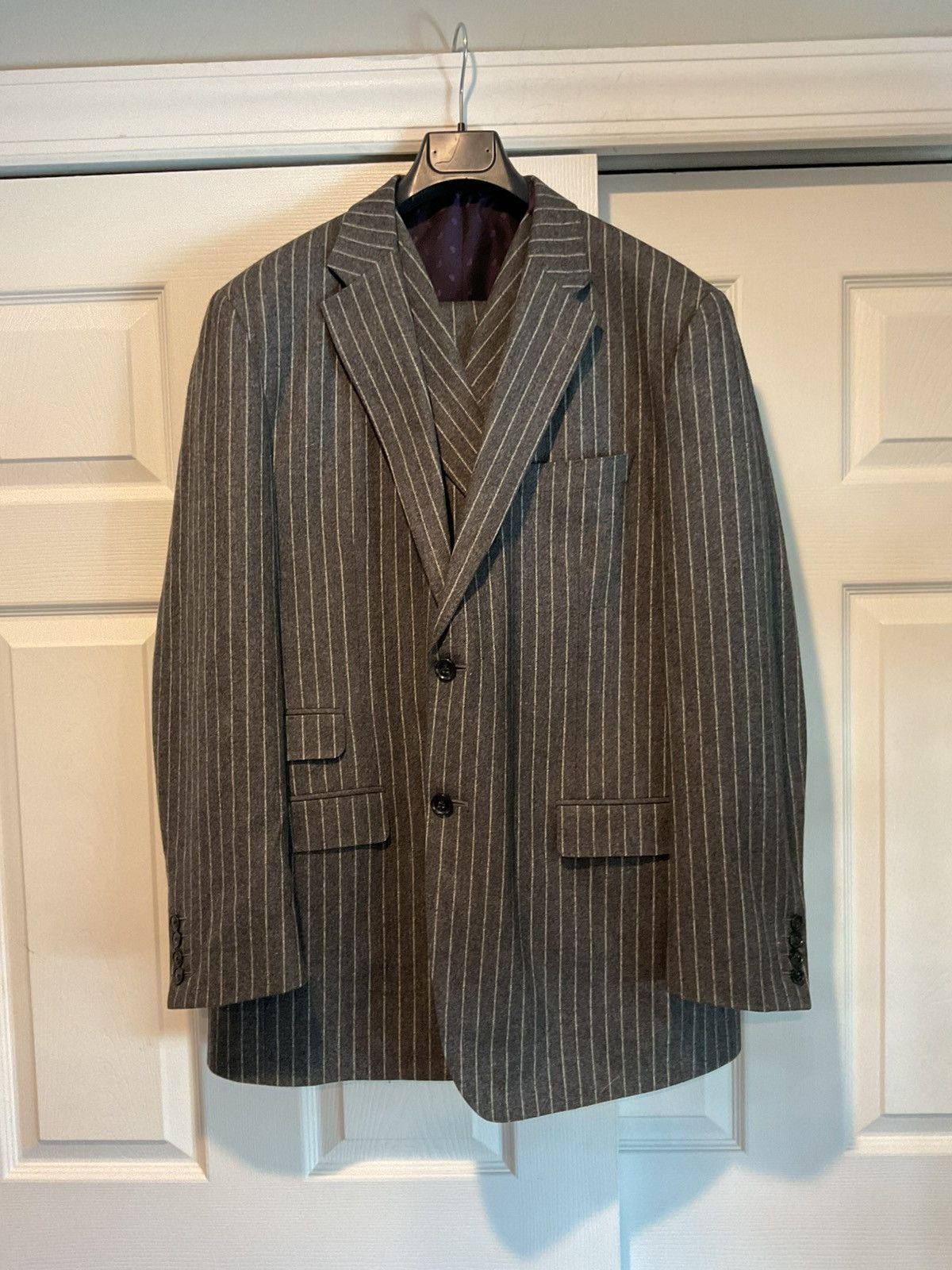 Samuelsohn SAMUELSOHN Super 100’s Gable Wool 3 Pc Gray Pinstripe Suit Size 46L - 1 Thumbnail