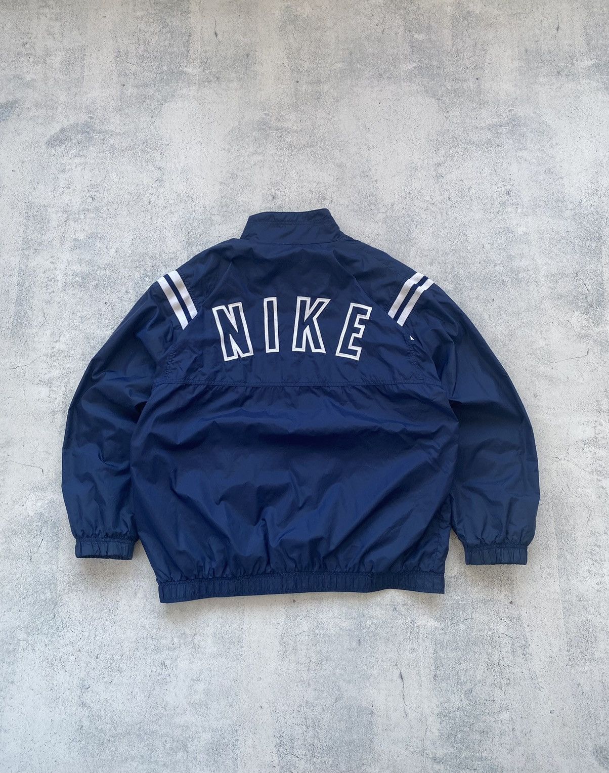 image of 90's Nike Nylon Drill Big Logo Jacket Bomber in Navy Blue, Men's (Size XL)