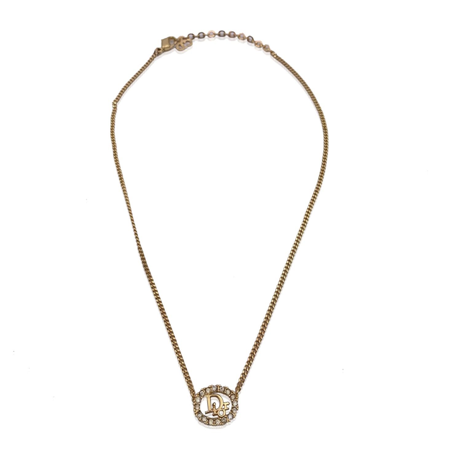 image of Christian Dior Gold Metal Dior Oval Logo Rhinestones Necklace, Women's