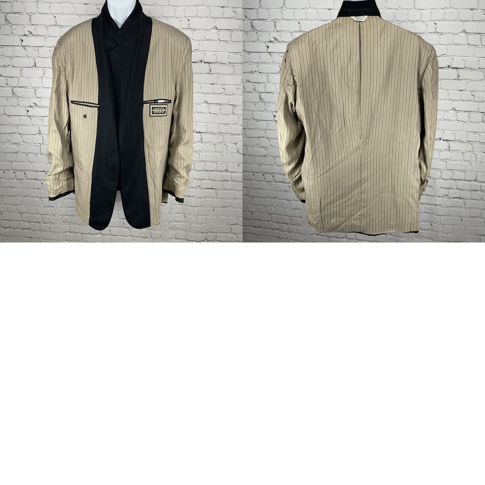 Vintage Hunting Horn Blazer Wool Black Striped 2 Button Ventless Notch USA Made Size 46L Men Jacket Size 46R - 9 Thumbnail