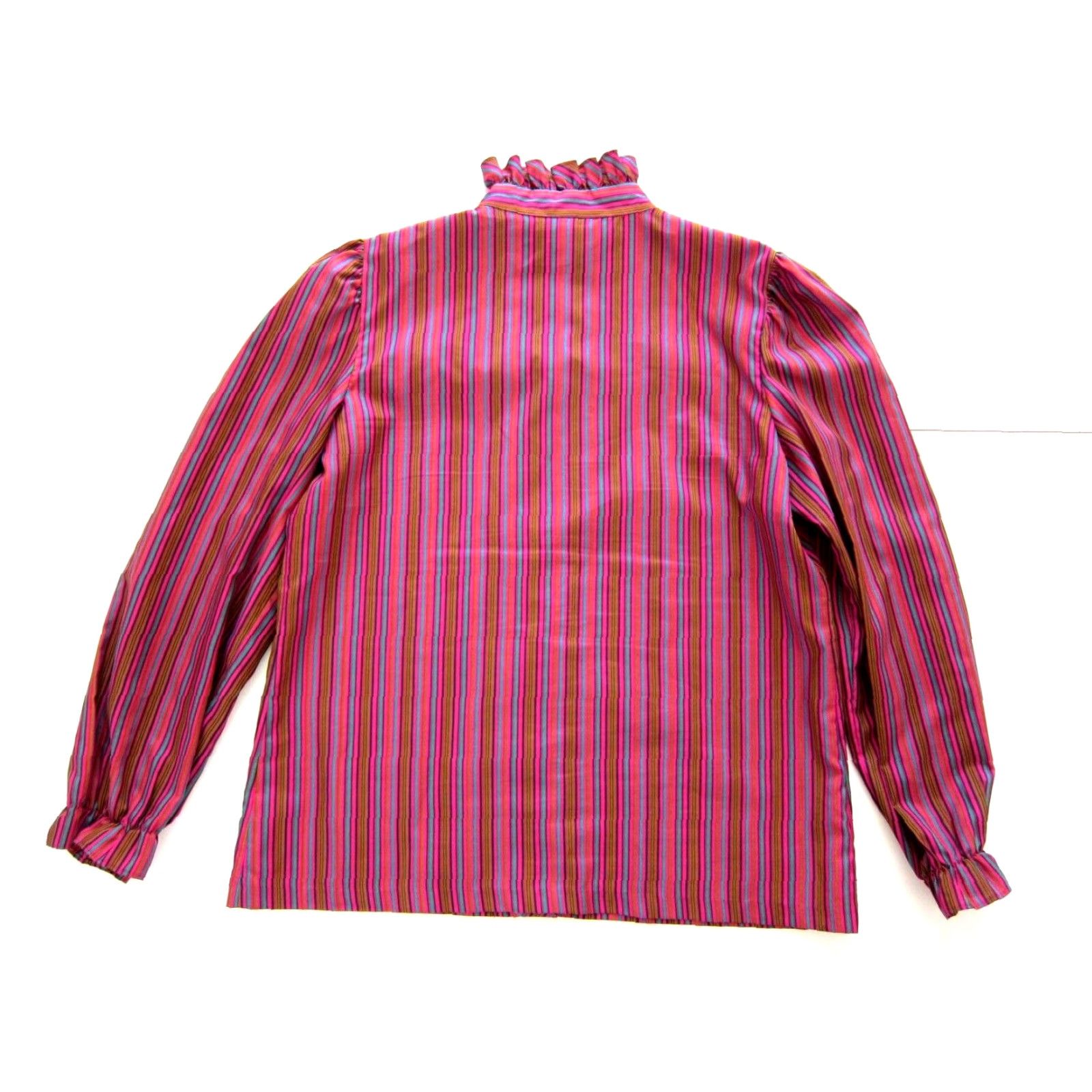 Vintage VINTAGE Lucky Me Pink Blouse Striped High Neck Long Sleeve Ruffle Button Large Women Size L / US 10 / IT 46 - 2 Thumbnail