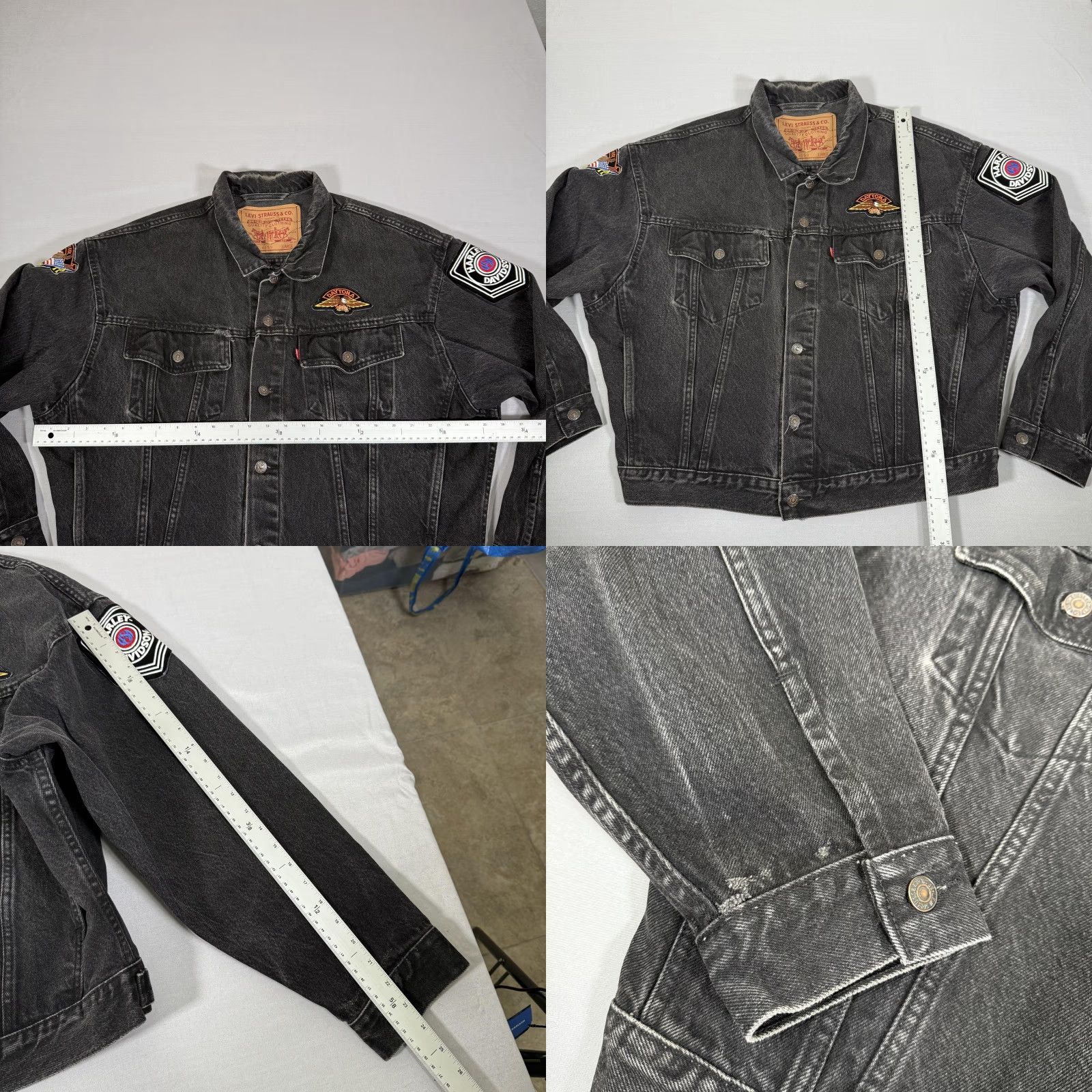 Levi's VINTAGE Levi's Trucker Jacket Mens Large Black Denim Biker 90s Harley-Davidson USA Patches Size US 33 - 8 Thumbnail
