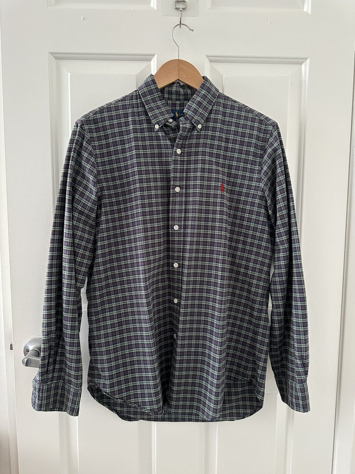 Shirt Men's Dark Green Plaid Long Sleeve Button Shirt