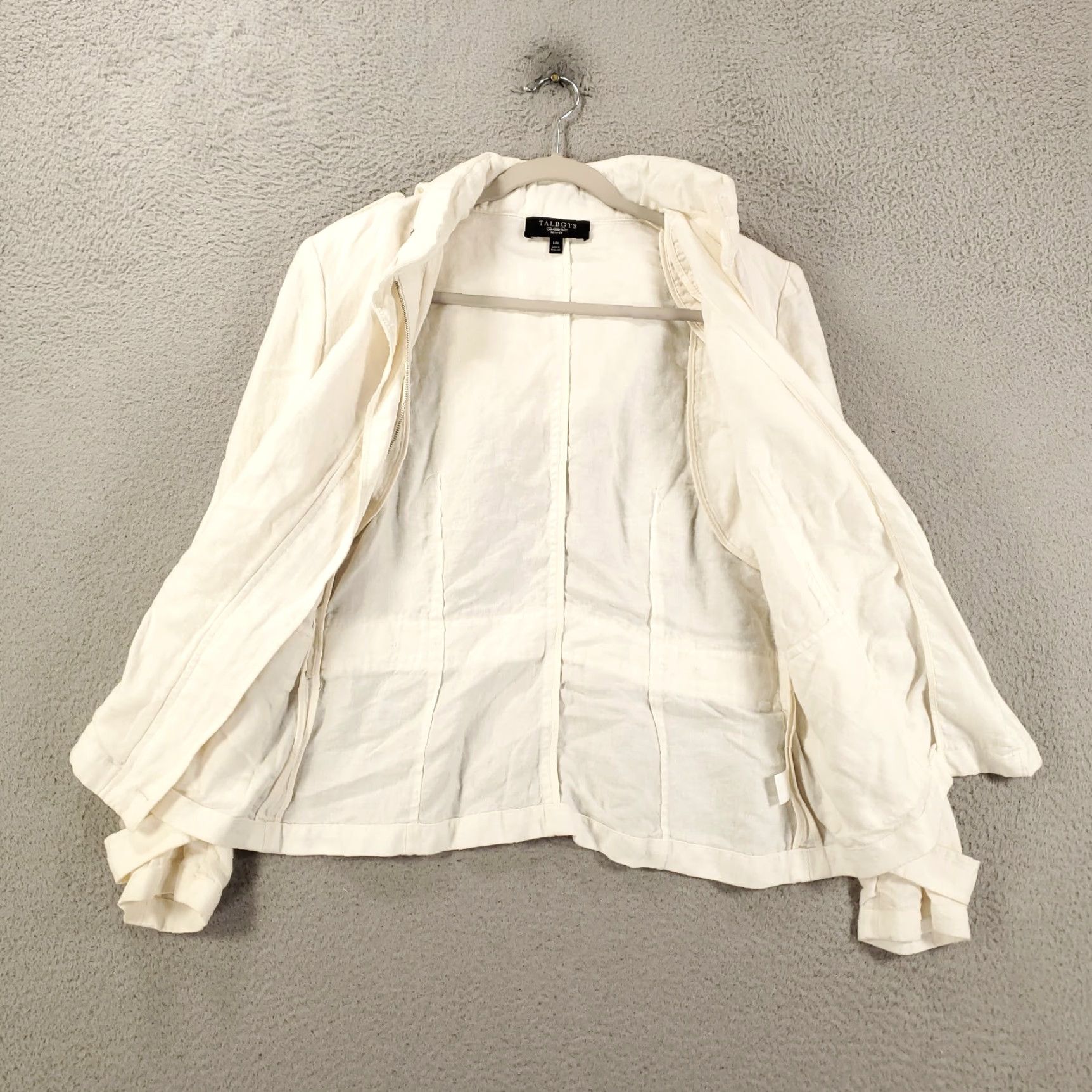 Talbots VINTAGE Talbots Linen Jacket Womens Petite 14 White Casual Travel Workwear Short Sleeve Full Zip Hood Packable Size XL / US 12-14 / IT 48-50 - 2 Thumbnail