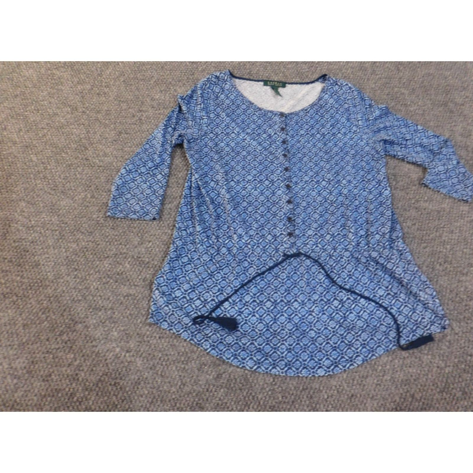 Ralph Lauren Lauren Ralph Lauren Blouse Womens L Blue Geometric Pullover Round Neck Cotton Knit Geometric Pattern Casual Streetwear Basic Size L / US 10 / IT 46 - 3 Thumbnail