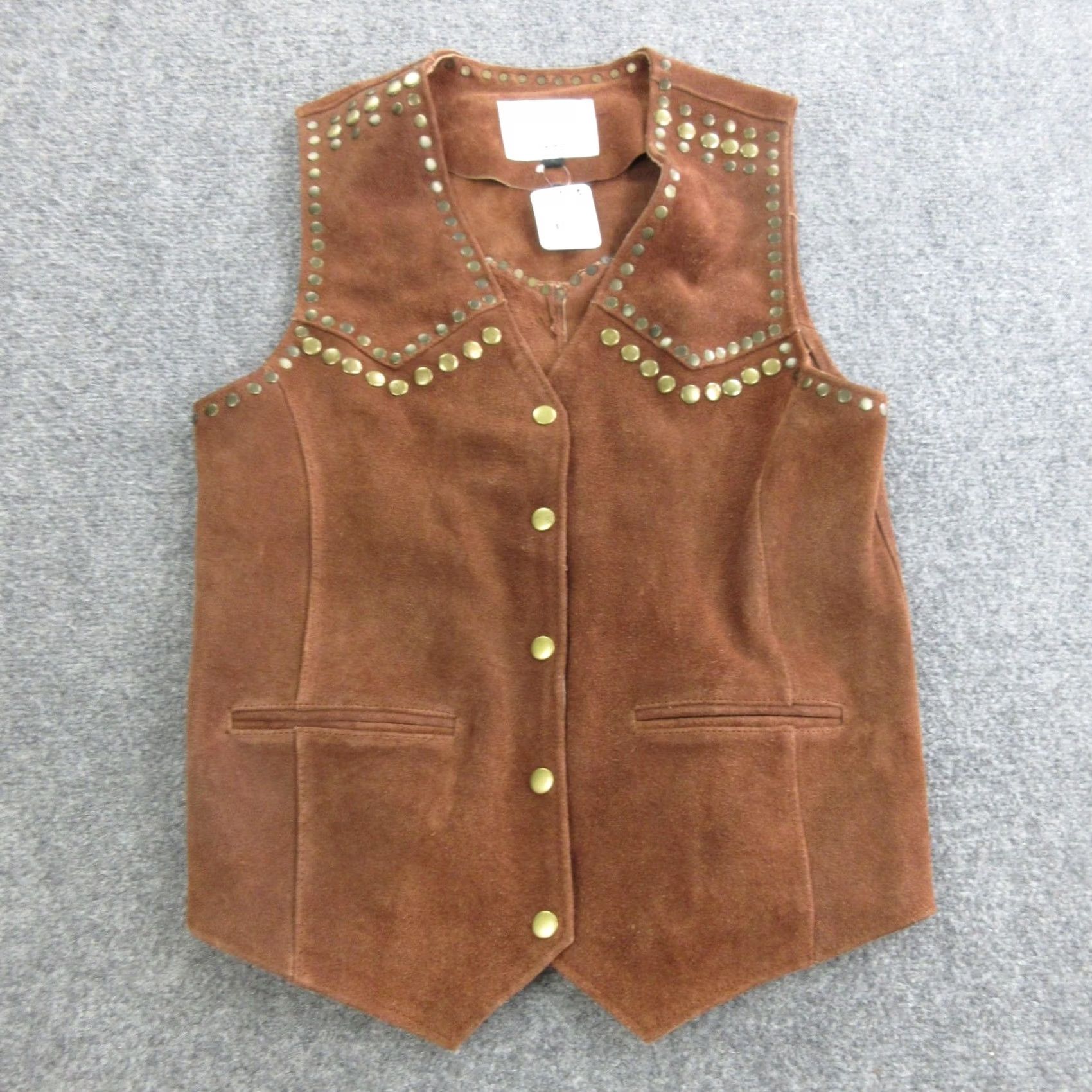 Vintage Understated Leather Womens Vest Suede Western Snap Front Studded Yoke Brown S Small Size S / US 4 / IT 40 - 2 Thumbnail