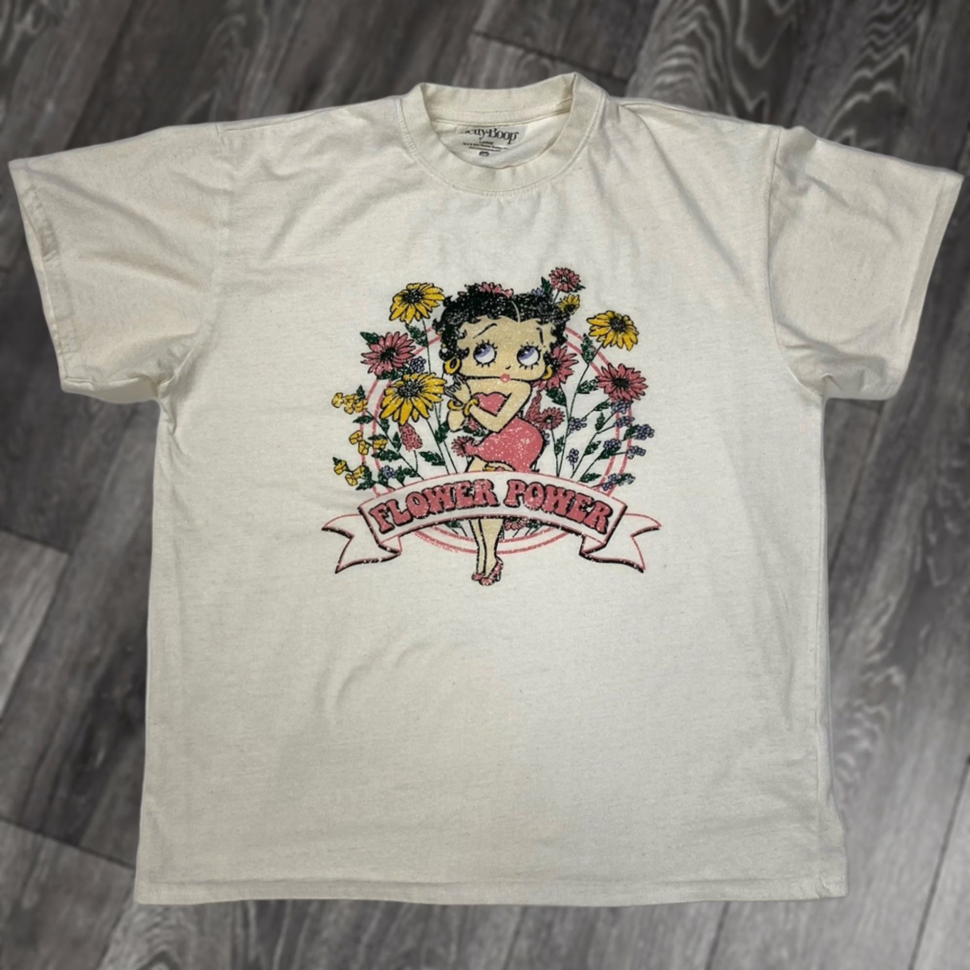 Vintage Betty Boop Flower Power Graphic T-shirt Women L Short Sleeve Crew Neck Pullover Casual 100% Cotton Ivory Size L / US 10 / IT 46 - 1 Thumbnail