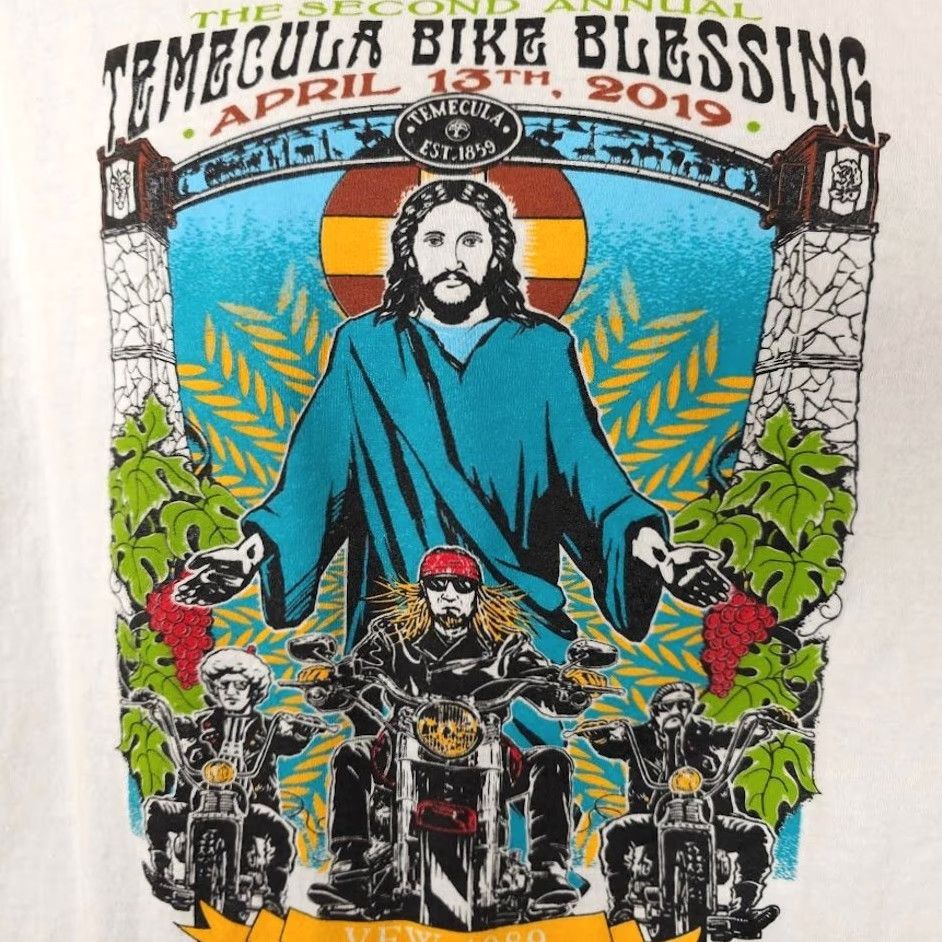 Gildan VINTAGE Biker T Shirt Mens XL White 2019 Temecula Bike Blessing Jesus Christ VFW Factory Gildan Size US XL / EU 56 / 4 - 3 Thumbnail