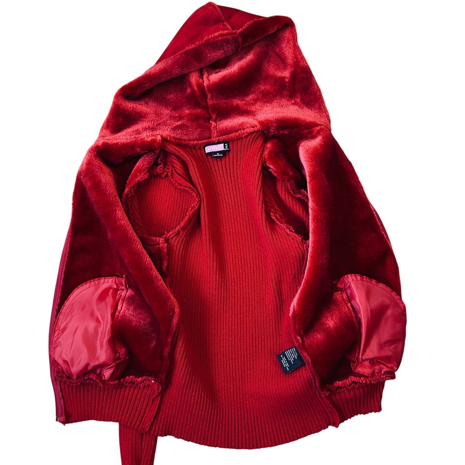 Vintage Y2K Cherry Red Faux Suede Leather Jacket Hood Knit Vintage Size L / US 10 / IT 46 - 3 Thumbnail