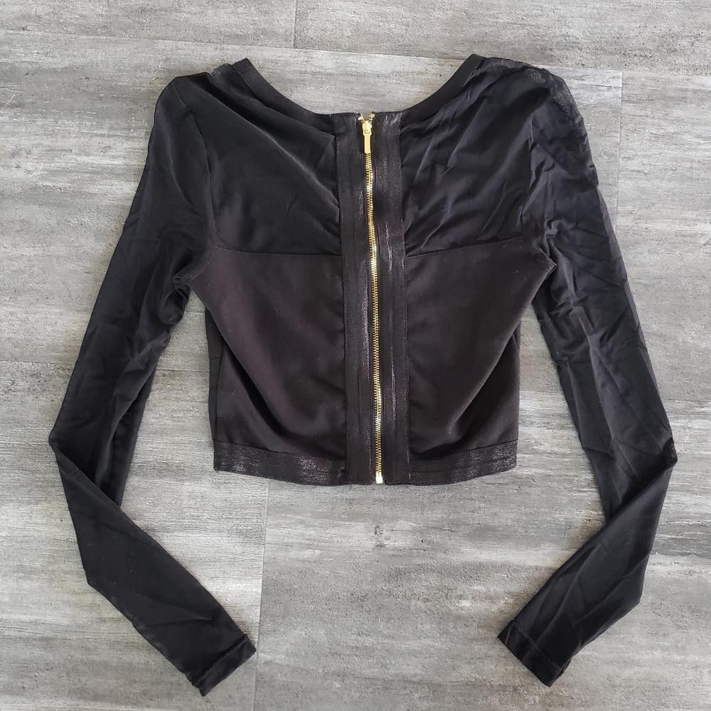 United Colors Of Benetton Black Sheer Detailed Bebe Cropped Long Sleeve Size XS / US 0-2 / IT 36-38 - 2 Thumbnail