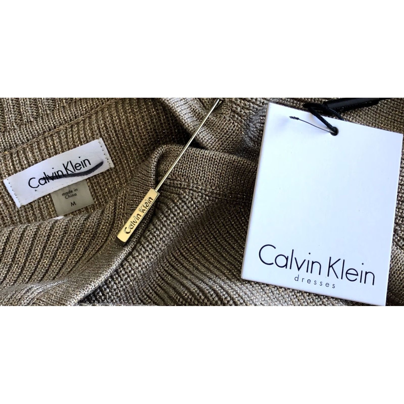 Calvin Klein VINTAGE Calvin Klein Sweater Dress M Gold Glitter Cowl Neck Logo Pin Glam Coquette Size M / US 6-8 / IT 42-44 - 6 Thumbnail