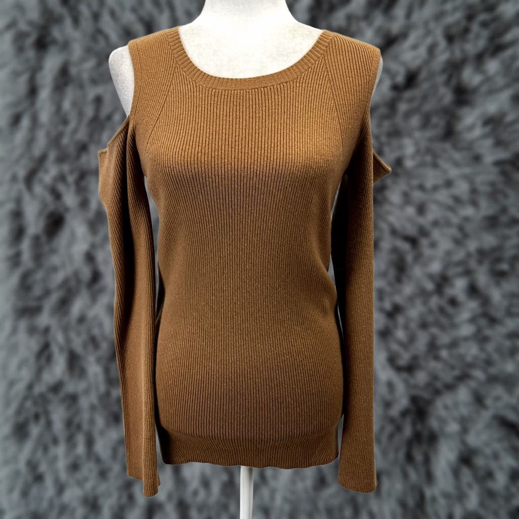 Bcbgmaxazria BCBGMAXAZRIA Sweater Womens L Cold Shoulder Ribbed Wool Cashmere Blend Beige Long Sleeve Round Neck Pullover Y2K Academia Old Money Vintage Style Size L / US 10 / IT 46 - 1 Thumbnail