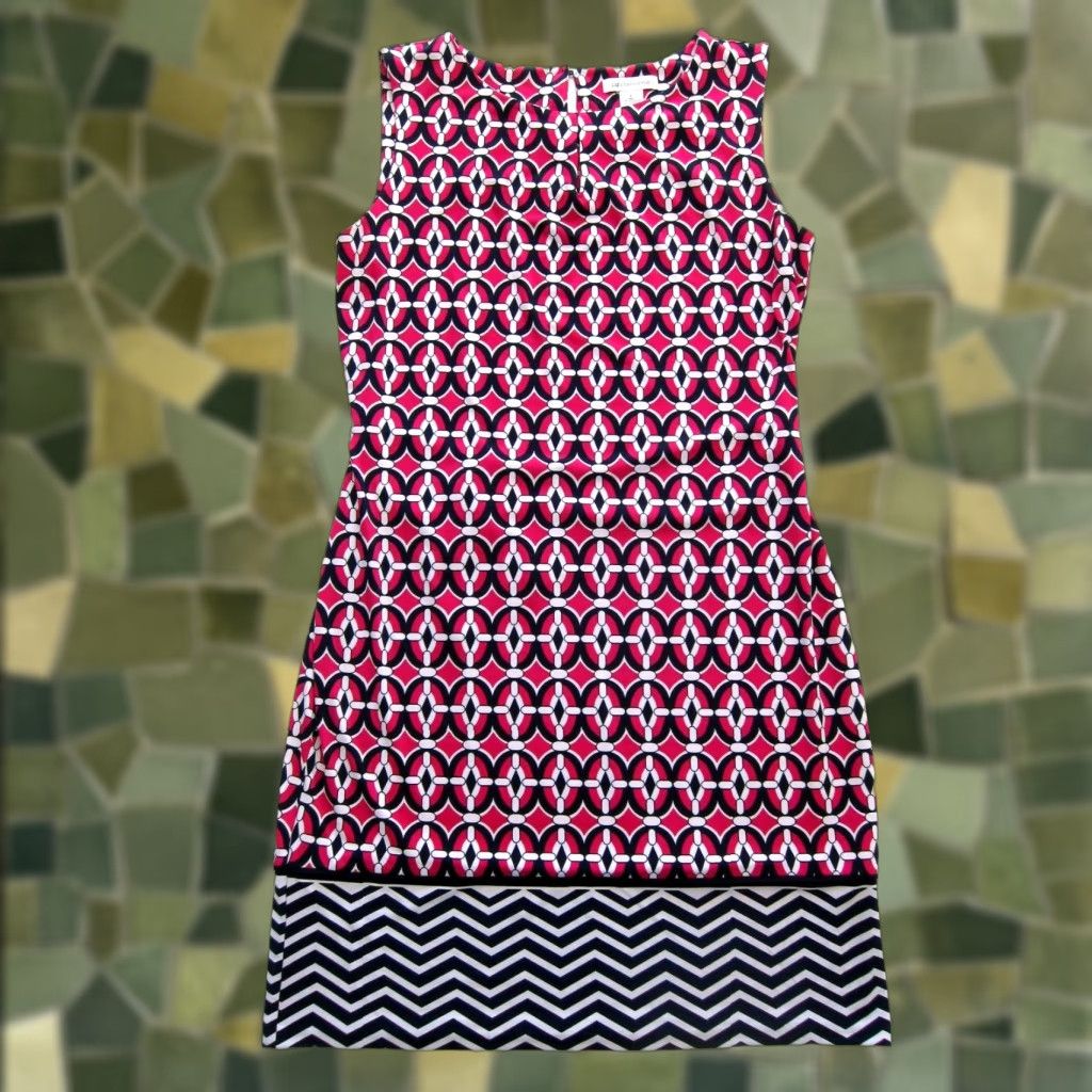 Liz Claiborne Vtg Liz Claiborne Pink Blue White Geometric Stretch Sleeveless Sheath Dress L Size L / US 10 / IT 46 - 1 Thumbnail
