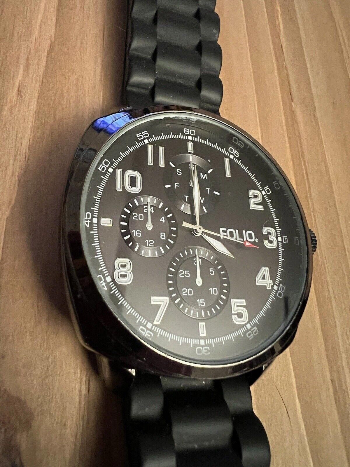 Designer Folio Black Men’s Oversized Watch New Battery Size ONE SIZE - 2 Thumbnail