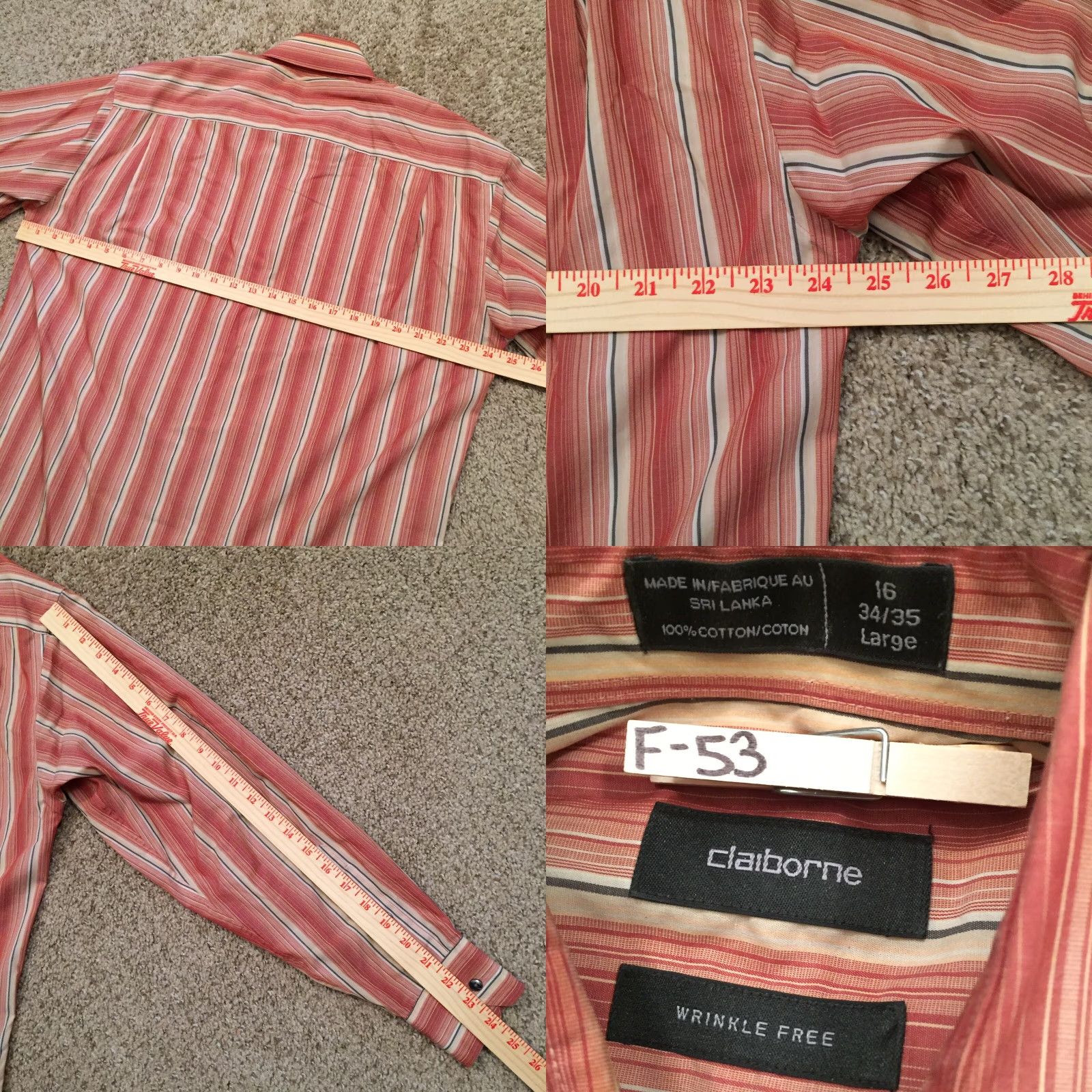 Liz Claiborne Claiborne Shirt Mens Large Orange Striped Long Sleeve Button-Up Size US L / EU 52-54 / 3 - 8 Thumbnail
