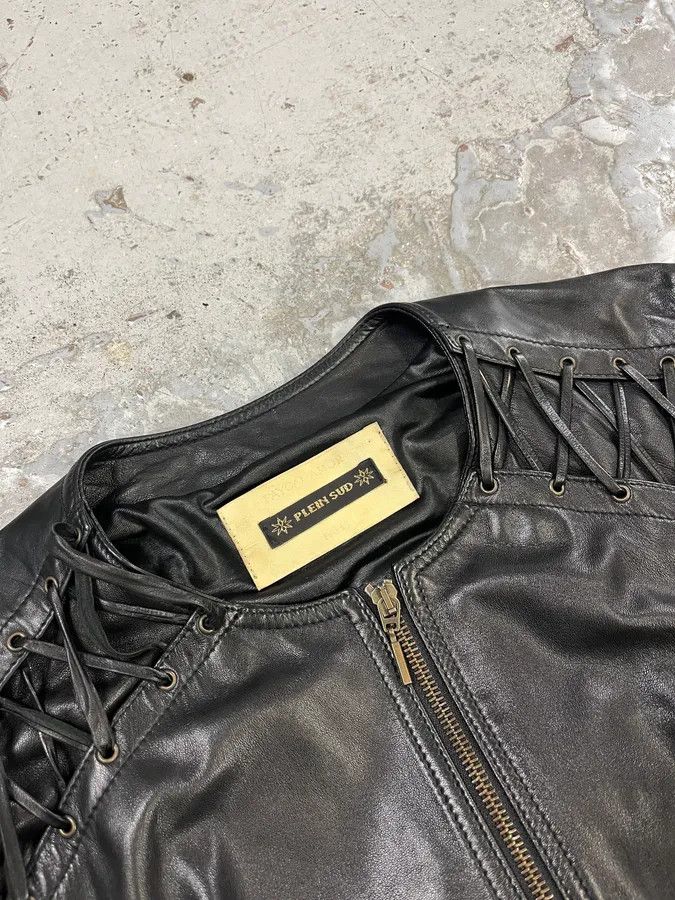 Vintage 2000s Plein Sud Lace Up Biker Black Leather Jacket Size S / US 4 / IT 40 - 6 Thumbnail