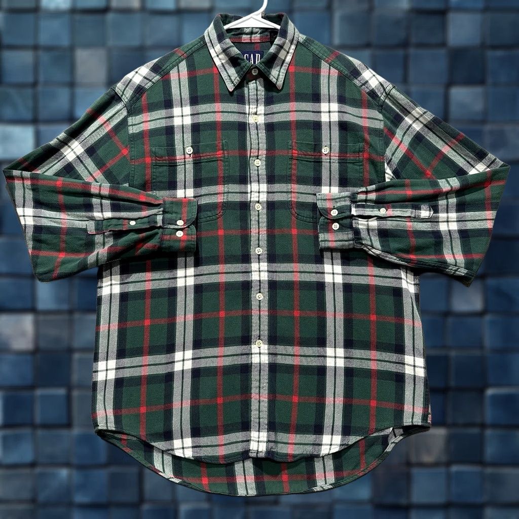 Gap Vintage GAP Shirt Medium Green Plaid Flannel Button Up Long Sleeve Hong Kong Men Size US M / EU 48-50 / 2 - 1 Thumbnail