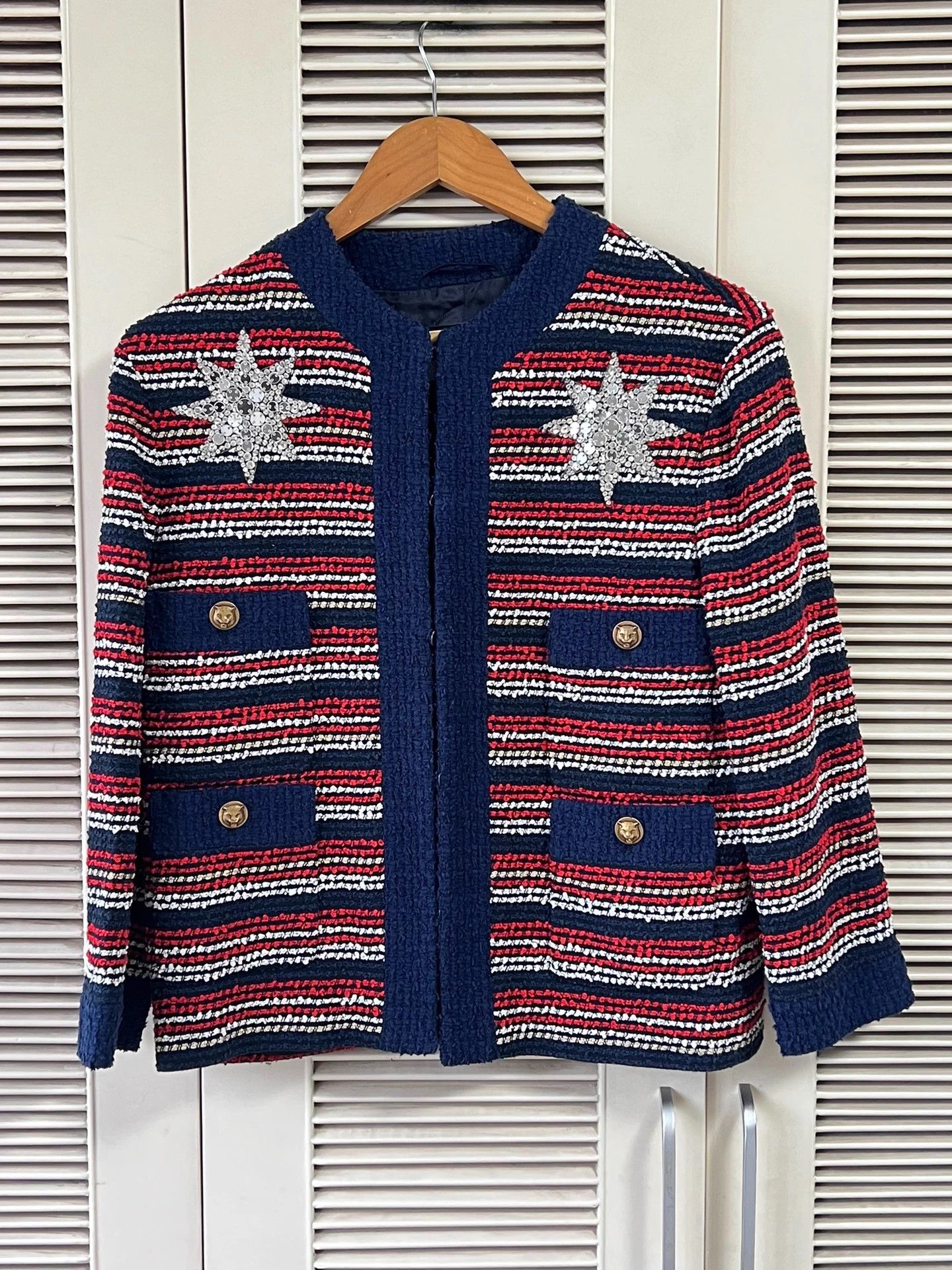 Gucci Gucci Women's Red Blue Stripe Short Jacket Star Tiger Clasp Size XS / US 0-2 / IT 36-38 - 1 Thumbnail