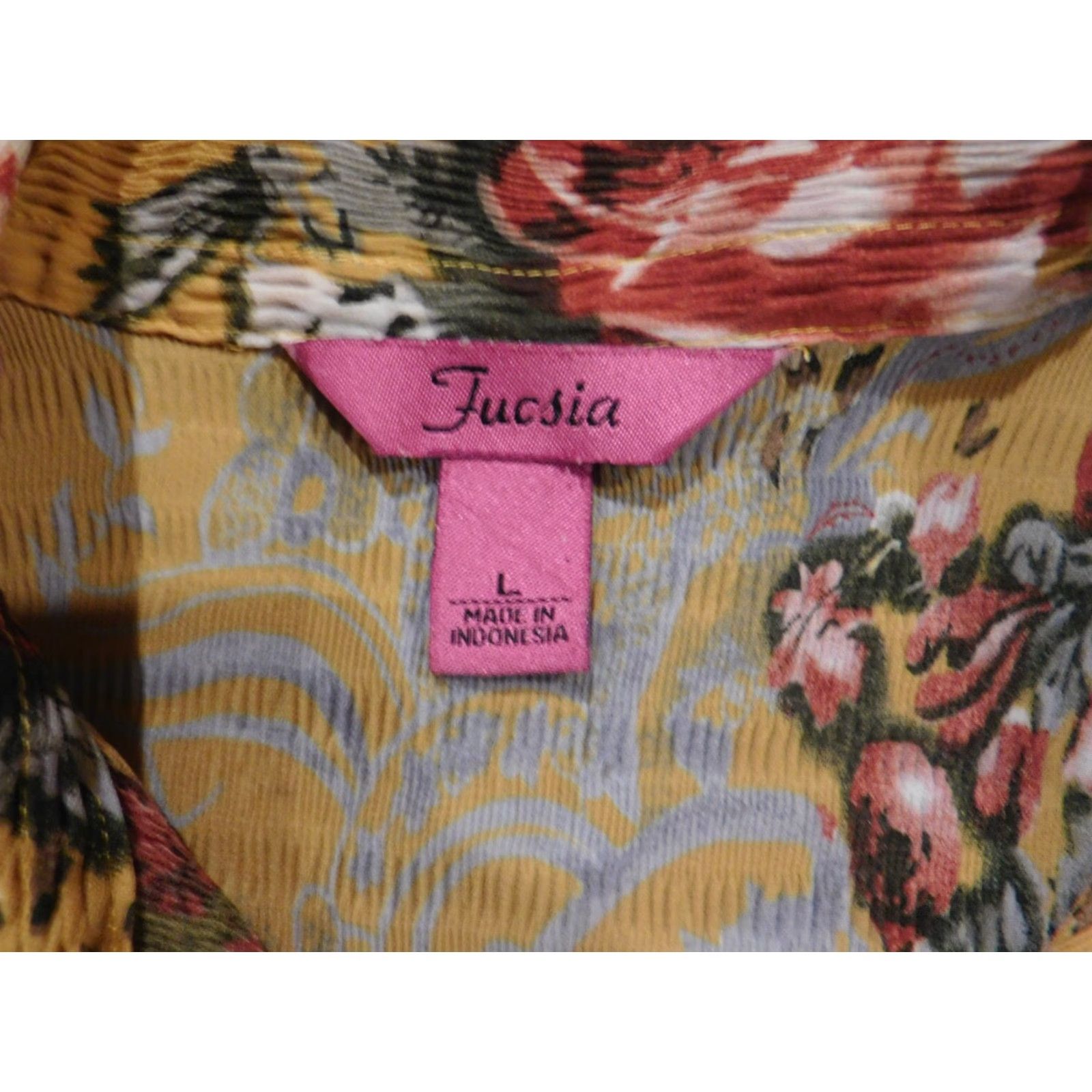 Vintage Fuchsia Womens Blouse Button-Up Short Sleeve Floral Yellow L Regular Cotton? (Note: Original materials mention Polyester/Rayon; no Cotton in original) Size L / US 10 / IT 46 - 4 Thumbnail