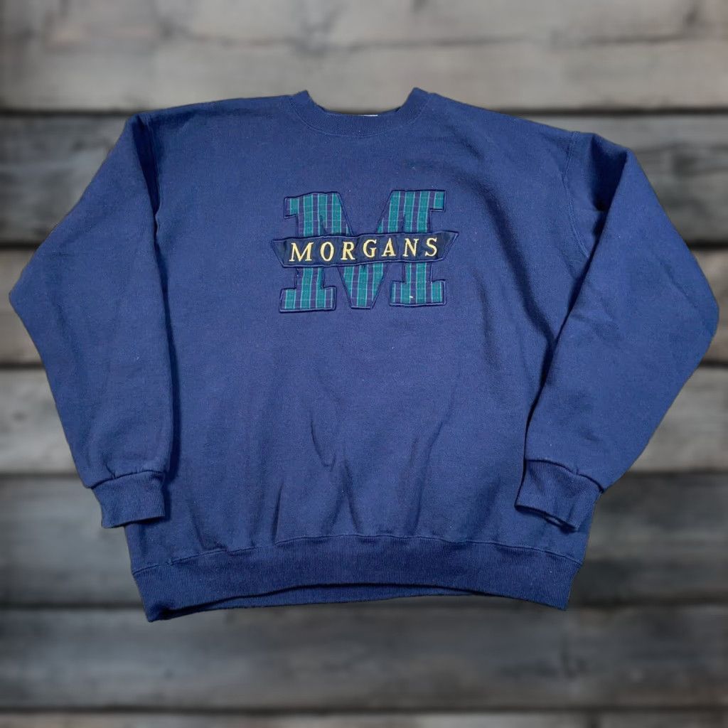 Lee VTG Morgans 90s Embroidered Sweatshirt Lee Brand XL Adult Dark Blue 50-50 Blend Vintage Yes Crew Neck Long Sleeve Cotton Polyester Cotton Blend - DS? Size US XL / EU 56 / 4 - 1 Thumbnail