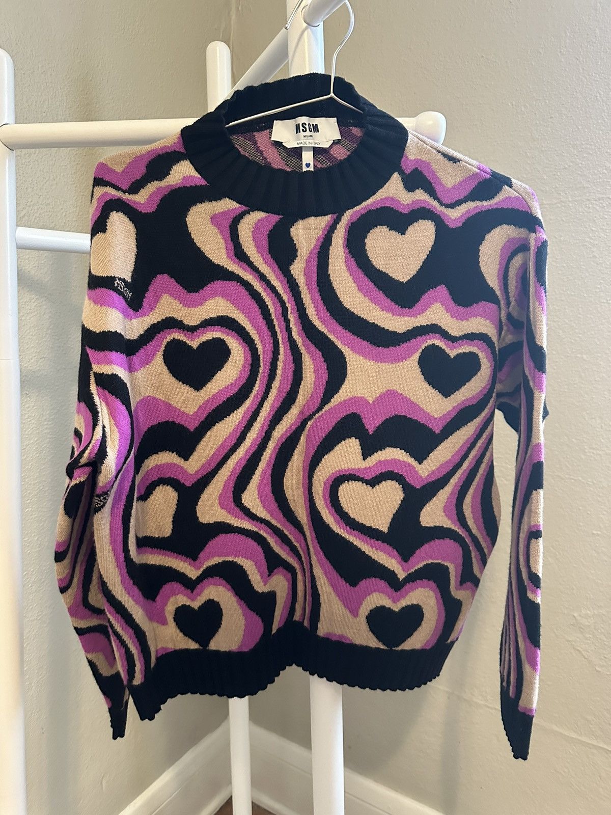 image of Msgm Swirly Heart Intarsia Sweater in Pink, Women's (Size Small)