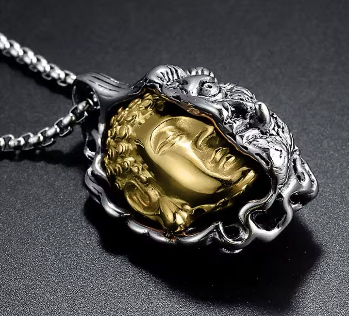 Designer × Japanese Brand Punk Rare Carved Dual Buddha Stainless Steel Silver Necklace Size ONE SIZE - 3 Thumbnail