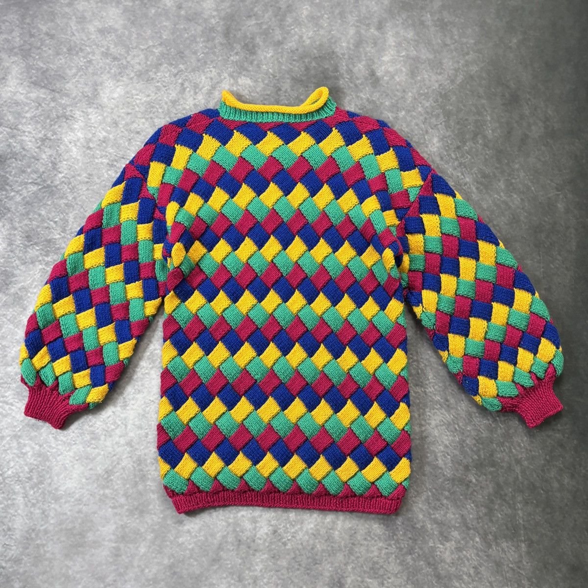 Vintage 1980s Hand Knit Sweater Vintage Patchwork Rainbow Crochet Size US XS / EU 42 / 0 - 2 Thumbnail