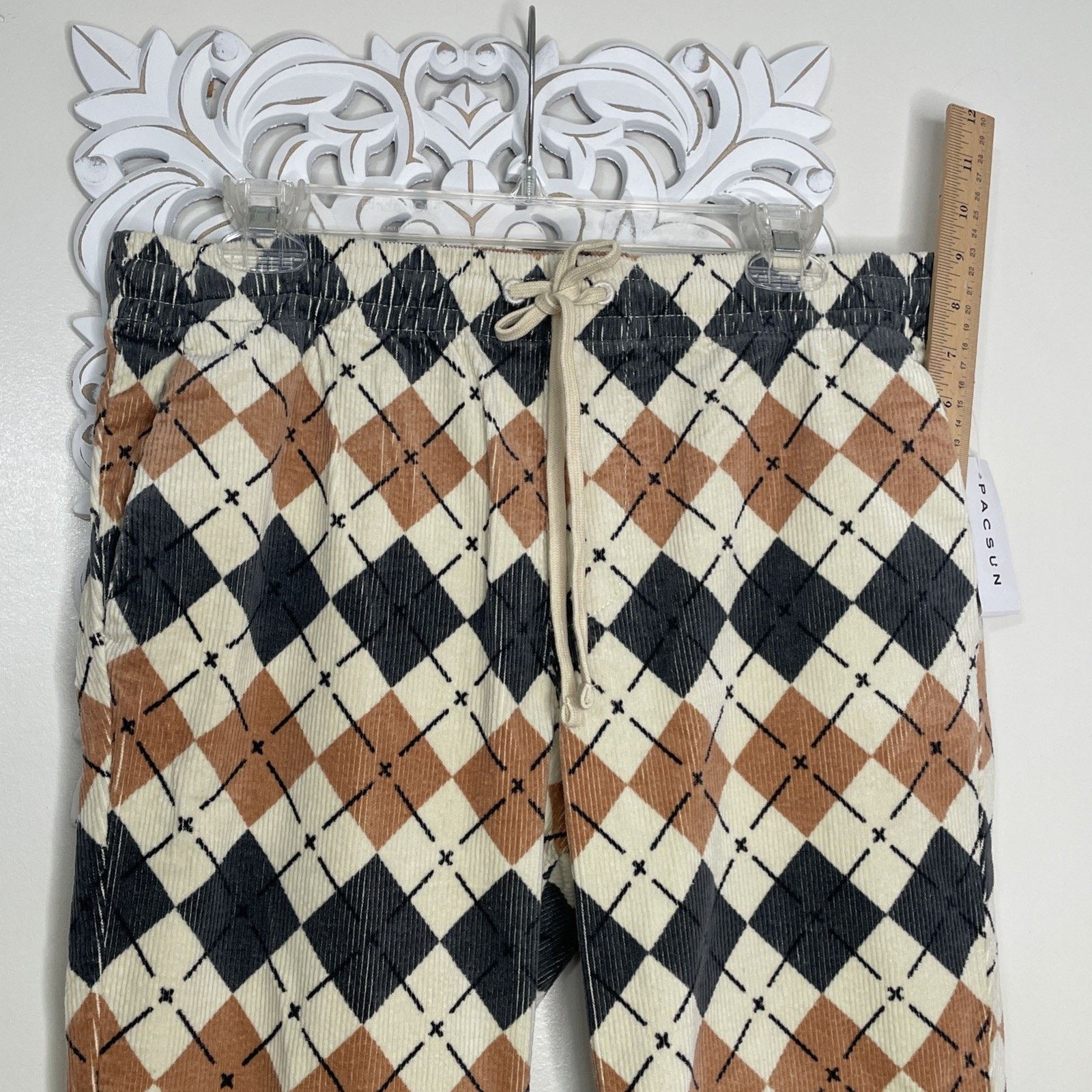 Pacsun PACSUN M Slim Argyle Corduroy PANTS Elastic Waist TAN GRAY Size 33" - 8 Thumbnail