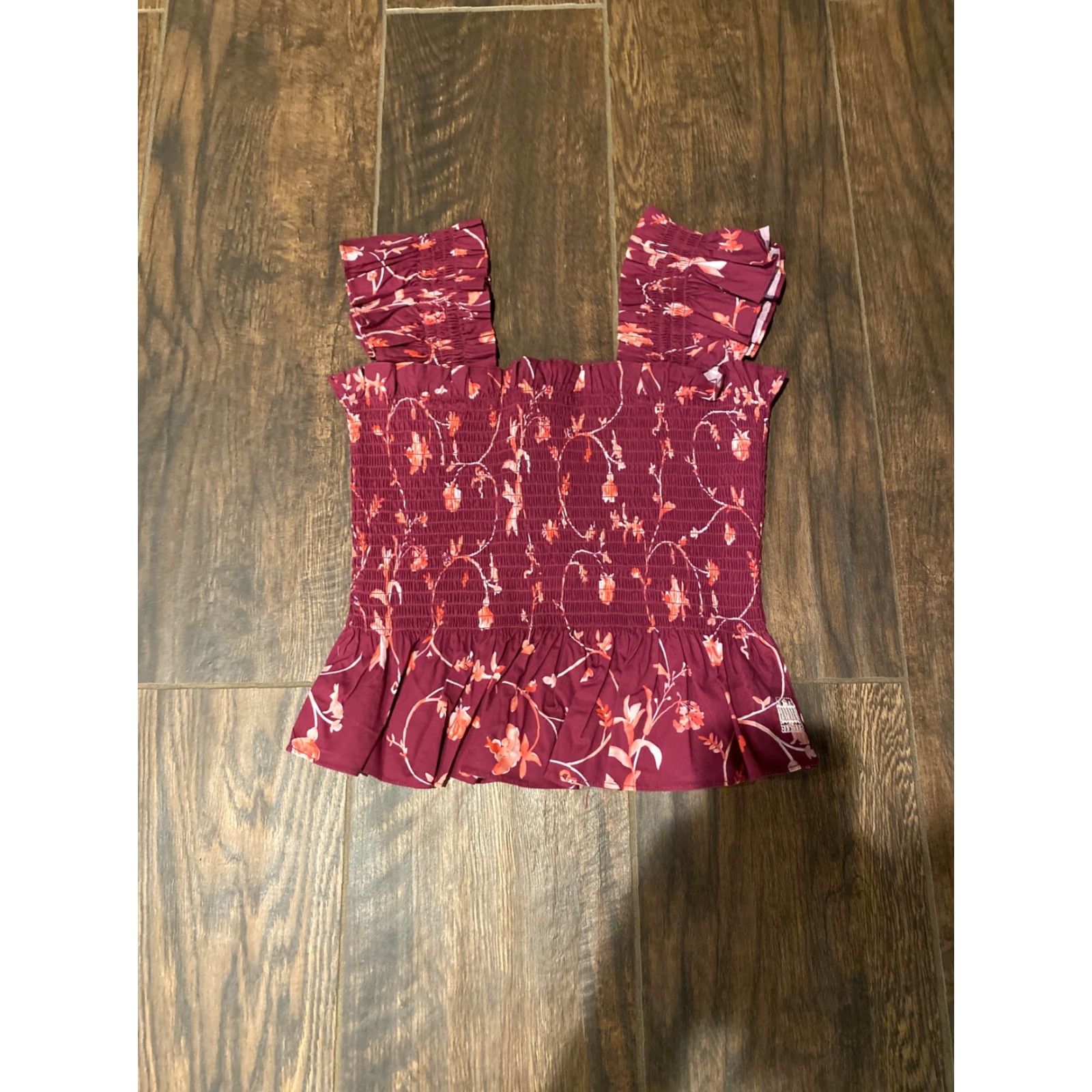 Vintage Hill House Top The Paz Burgundy Botanical Floral Smocked Cap Sleeveless Cotton S Size S / US 4 / IT 40 - 6 Thumbnail