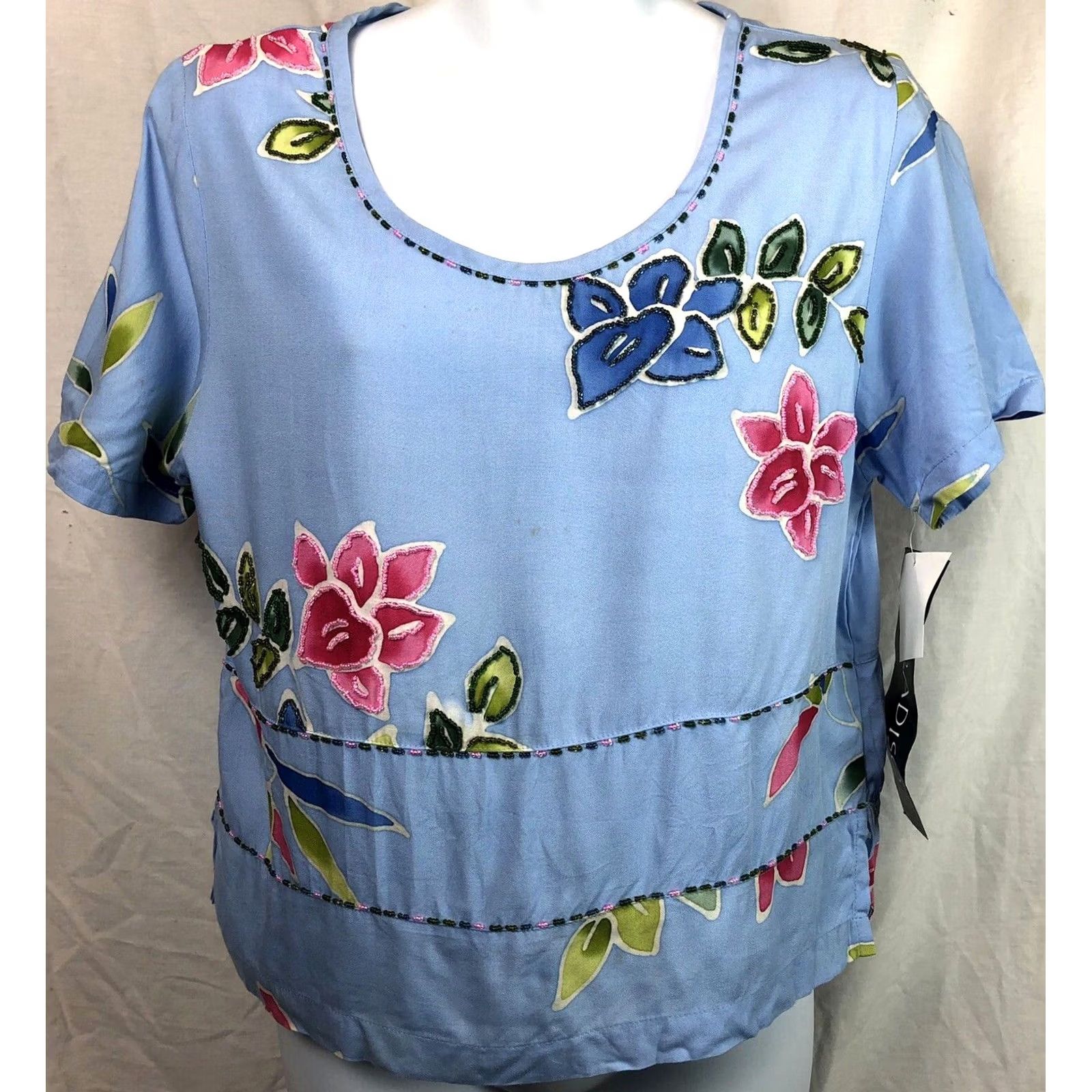 Paradise Paradiso Top Womens S Blue Nwt Hand Painted Floral Beaded Scoop neck Art Beach Tropical Size S / US 4 / IT 40 - 2 Thumbnail
