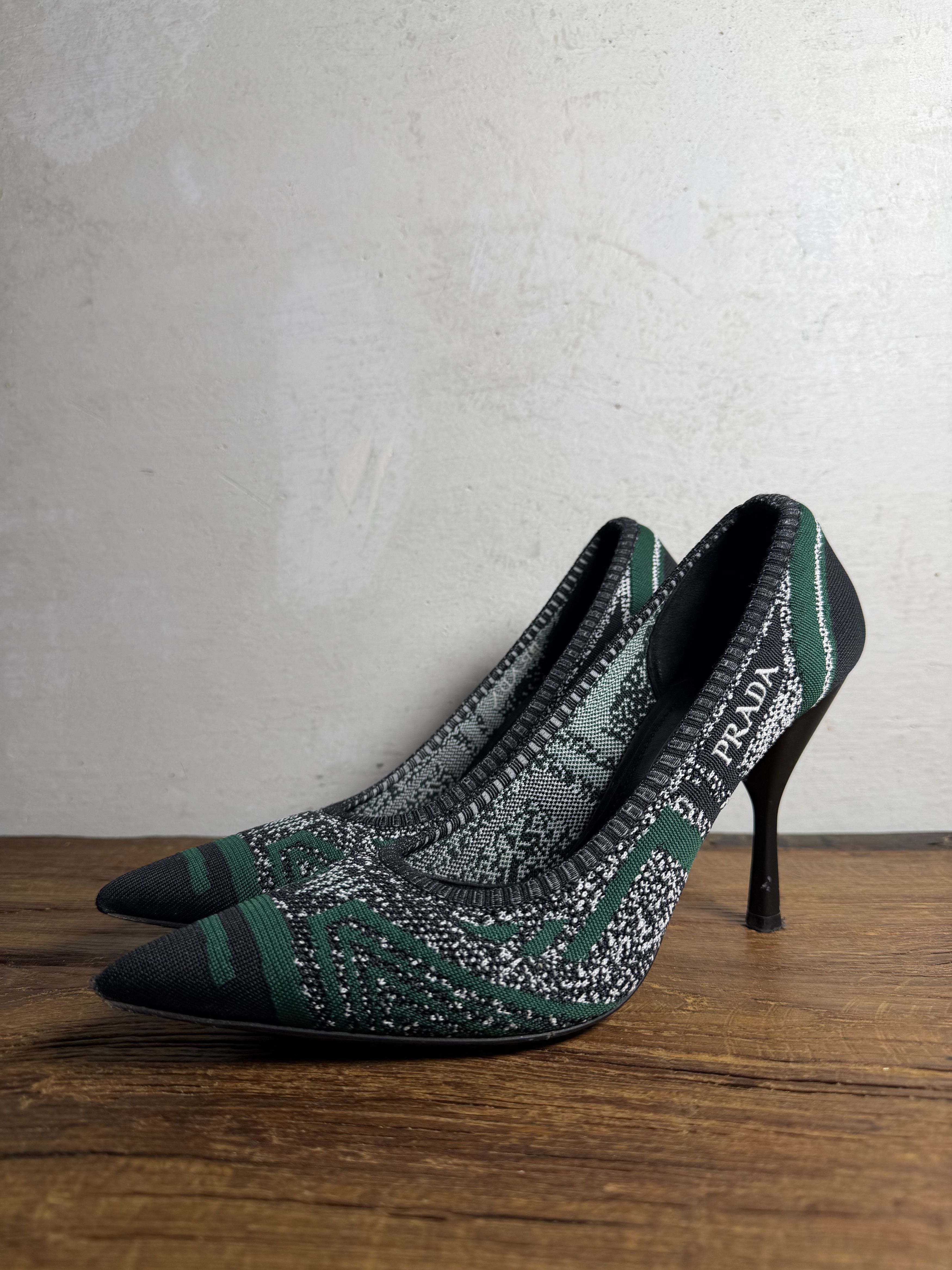 Prada Prada Green/Black Printed Knit Fabric Pointed Toe Pumps Size US 10 / IT 40 - 2 Thumbnail
