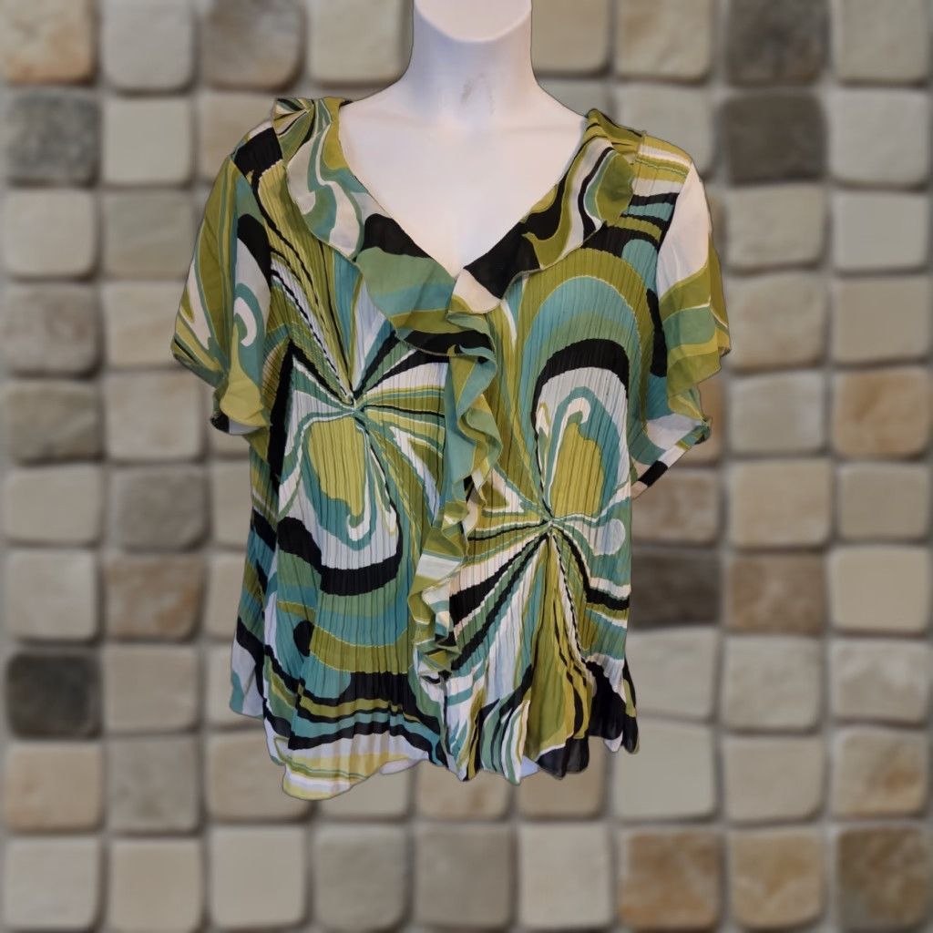 CO NEW YORK CITY DESIGN CO Blouse Abstract Ruffle Button-Up 3X Women Geometric Multicolor Short Flutter Sleeve V-neck Button 3X Blouse Size XXL / US 16-18 / IT 52-54 - 1 Thumbnail