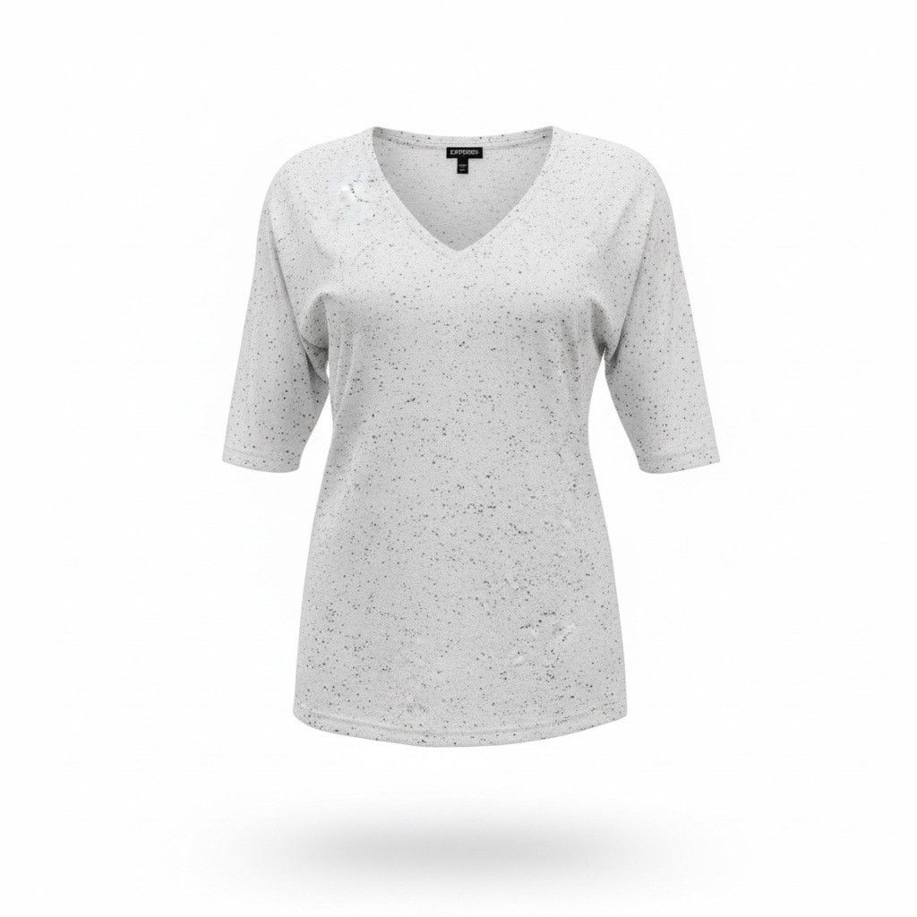 Express Express XS White Speckled V-Neck Long Sleeve Tee Lightweight Size XS / US 0-2 / IT 36-38 - 1 Thumbnail