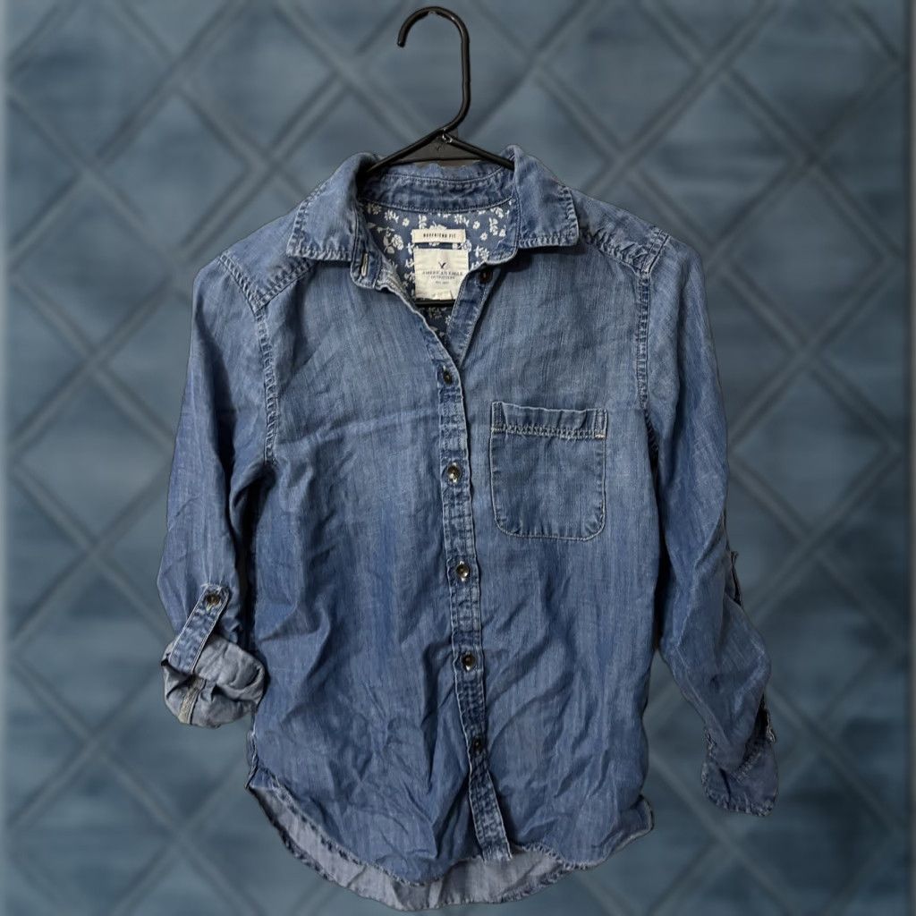 American Eagle Outfitters VINTAGE American Eagle Outfitters Women's Button-Up Shirt XS Blue Long Sleeve Casual Knit 90s Classic Size XXS / US 00 / IT 34 - 1 Thumbnail