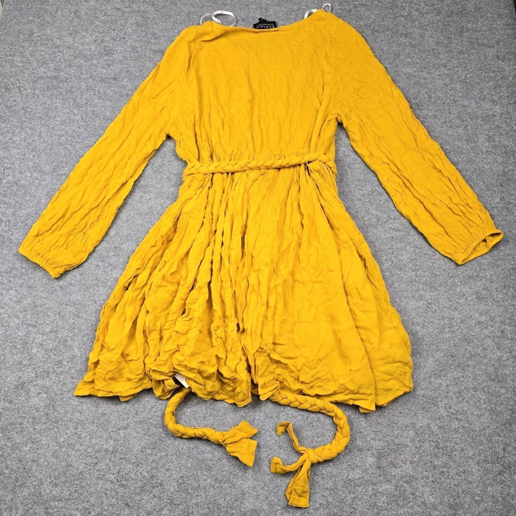 Vintage Eloquii Dress Womens Yellow Boho Fit & Flare Belted Ruffle Mini Long Sleeve 16 Size XXL / US 16-18 / IT 52-54 - 7 Thumbnail