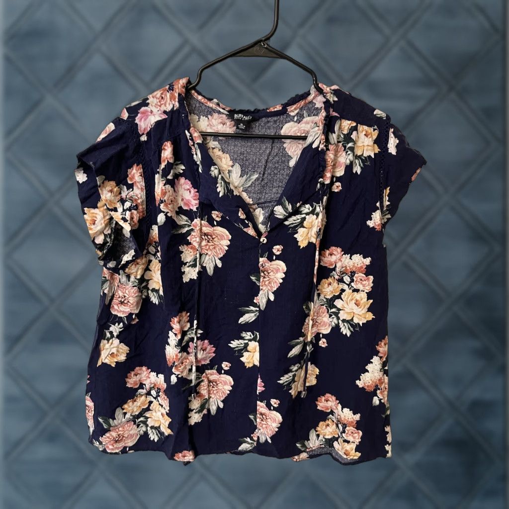 Buffalo David Bitton Buffalo David Bitton Women's Viscose Floral V Neck Blouse XL 5B294 Blue Fashion Basic Casual Blouse Womens Size XL / US 12-14 / IT 48-50 - 1 Thumbnail