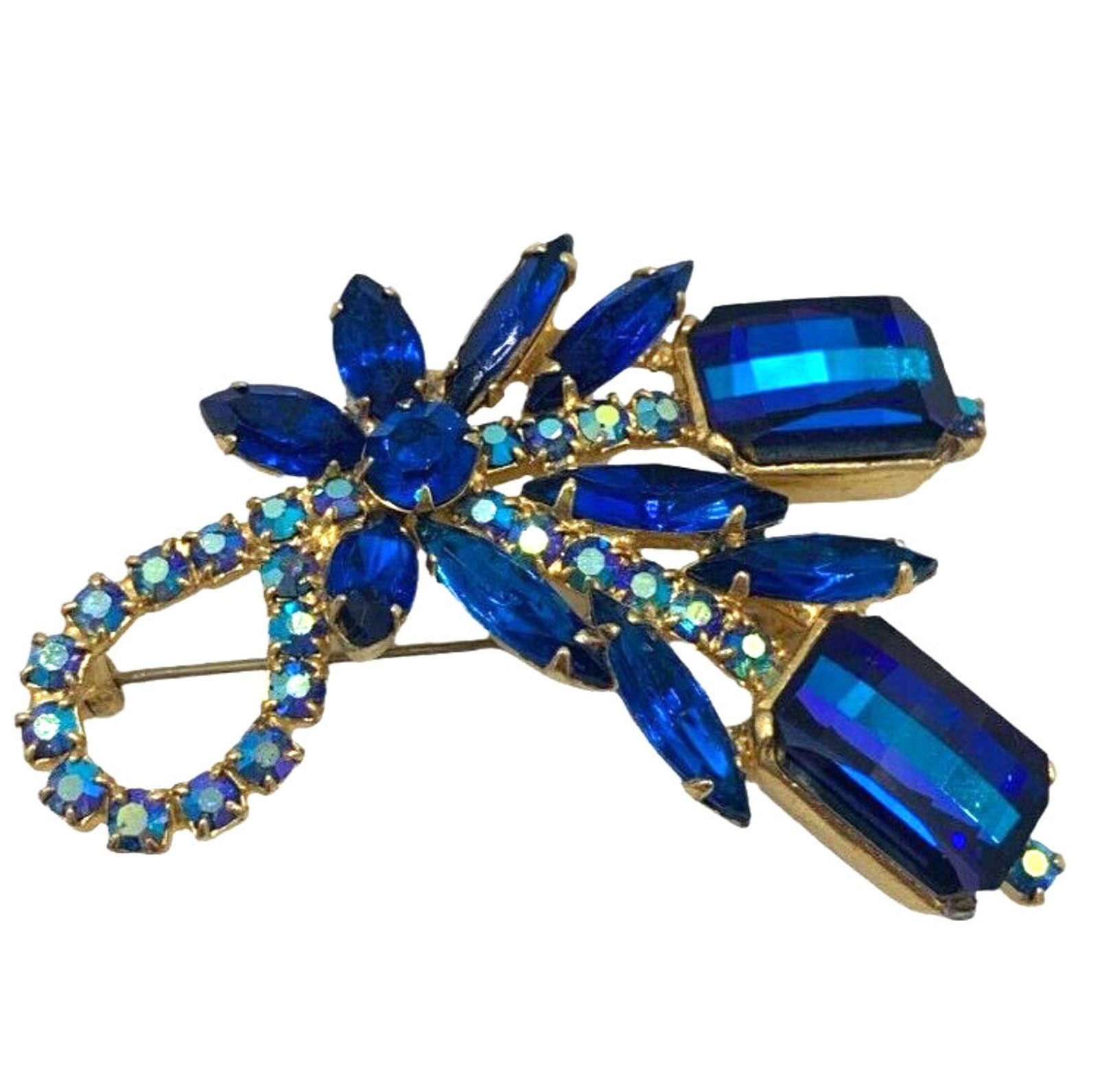 Juliana Blue Aurora Borealis Flower & Bow Brooch (#279)