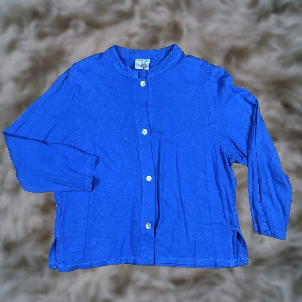 Vintage Amanda Gray Blouse Womens M Medium Blue Button Up Long Sleeve Shirt Size M / US 6-8 / IT 42-44 - 1 Thumbnail