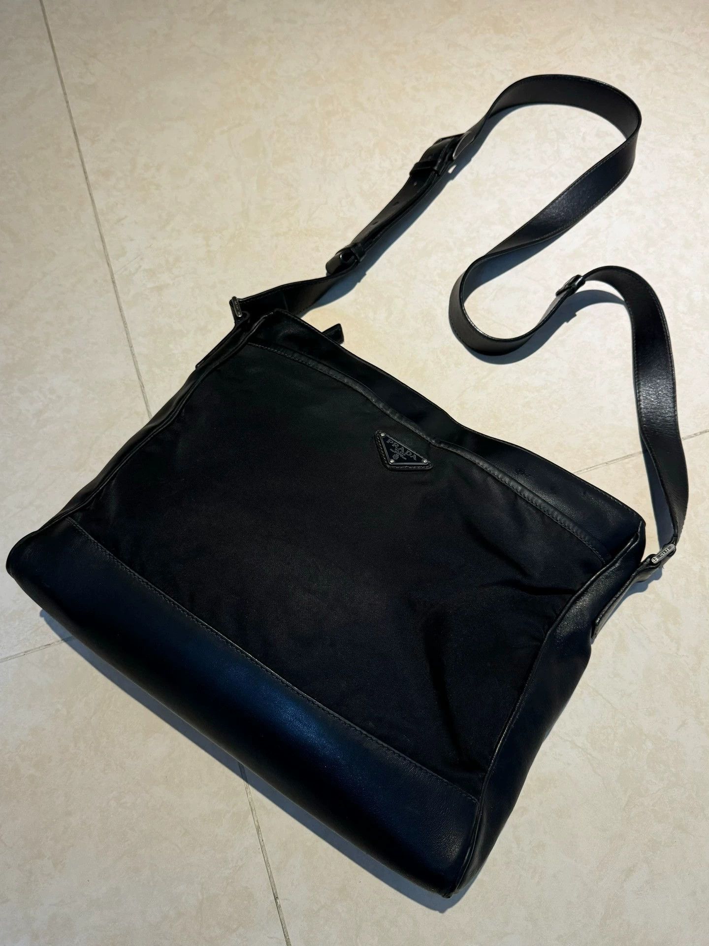 Prada Prada Logo Waxed Leather Nylon Crossbody Bag Black Unisex Size ONE SIZE - 1 Thumbnail