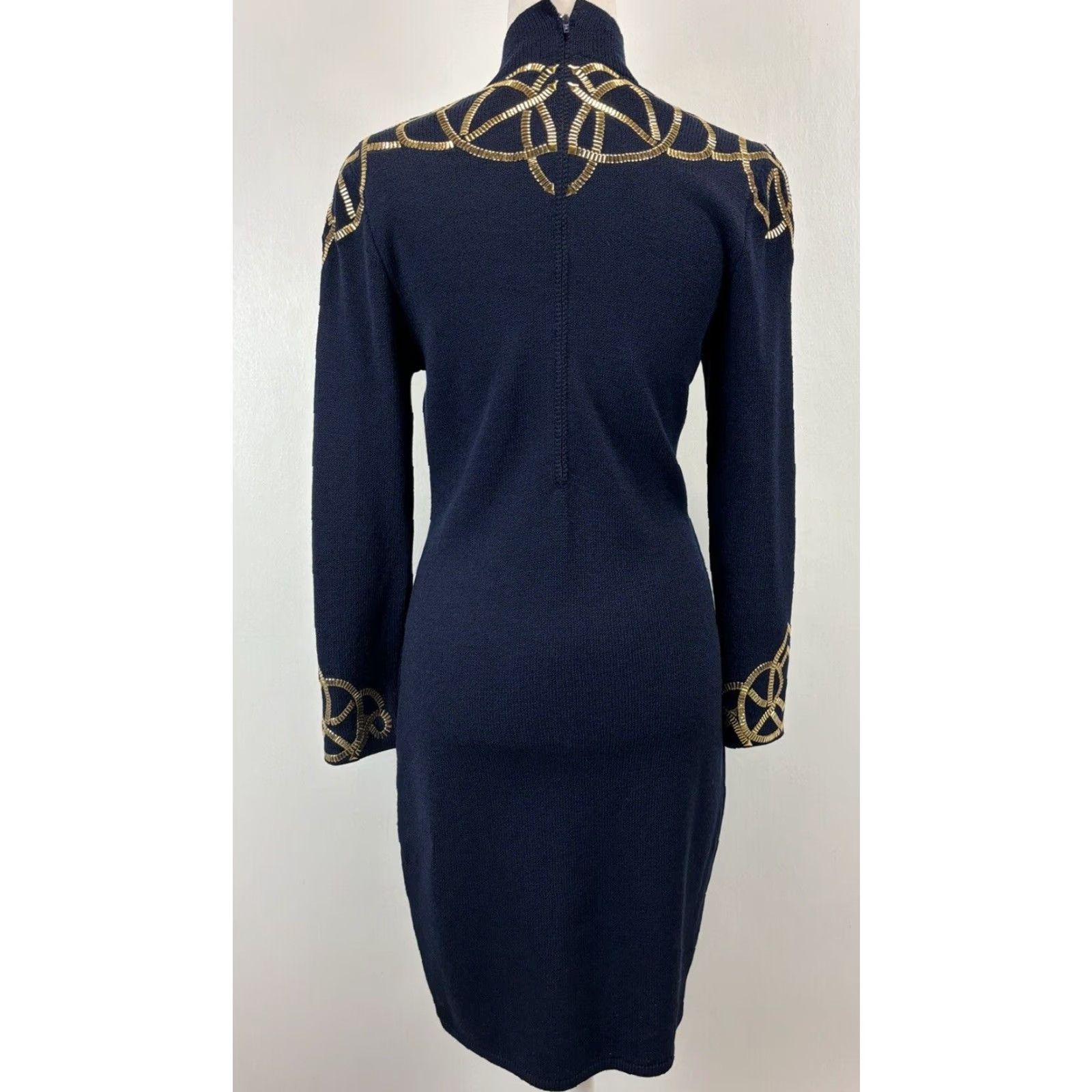 St. John Vintage St. John Collection Marie Gray Knit Dress Women Small Knee Length Long Sleeve Zip Mock Neck Studded Navy Gold 1980s Rare Size S / US 4 / IT 40 - 3 Thumbnail