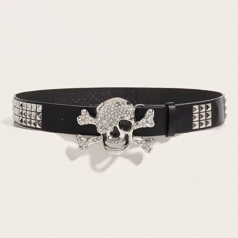 Japanese Brand 115 cm Trendy Gothic Punk Costume Rivet Skulls Buckle Belt Size 36 - 2 Thumbnail