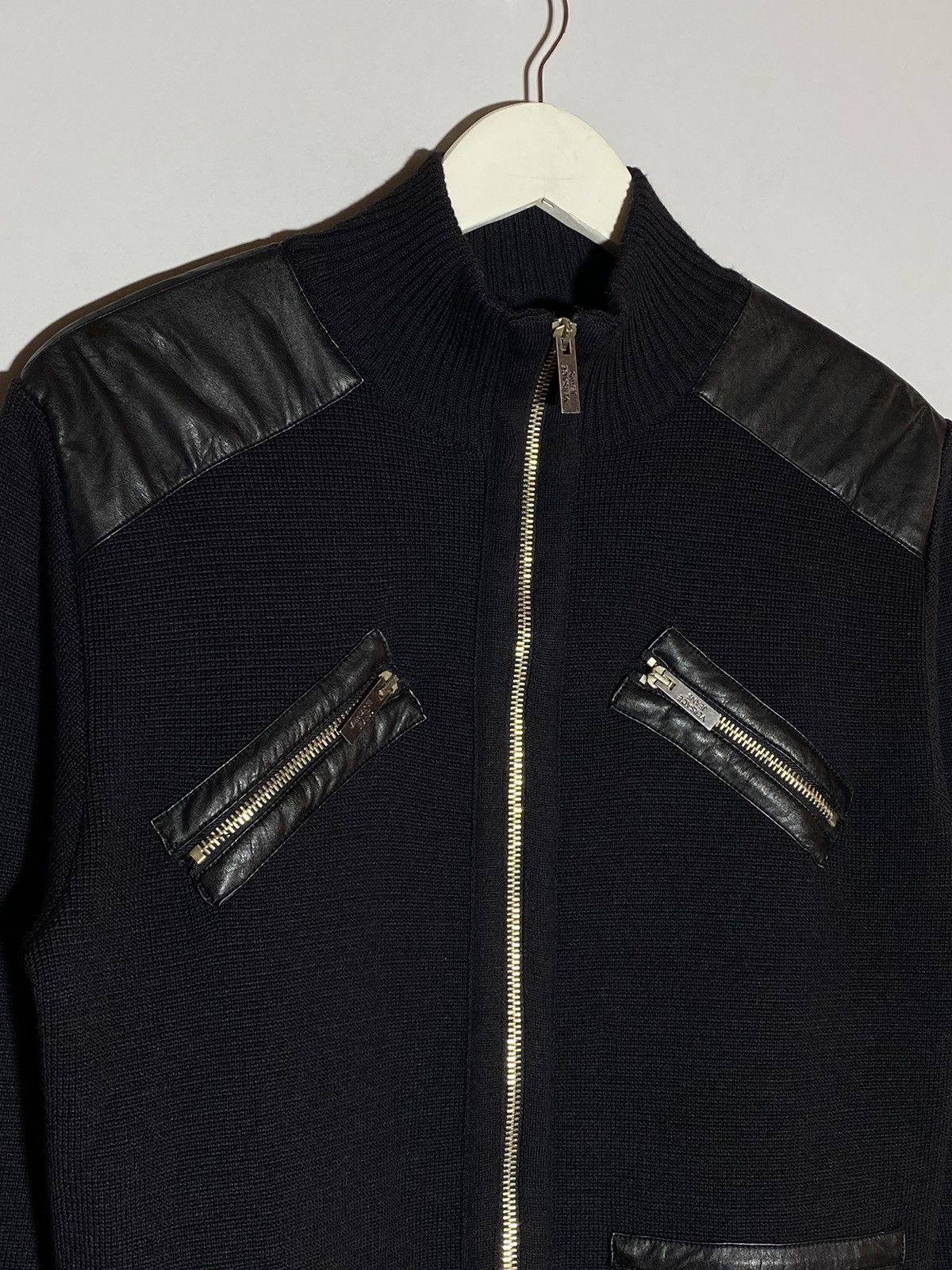 Versace Jeans Couture × Vintage Versace Jeans leather elements wool black zip up sweater Size US M / EU 48-50 / 2 - 3 Thumbnail
