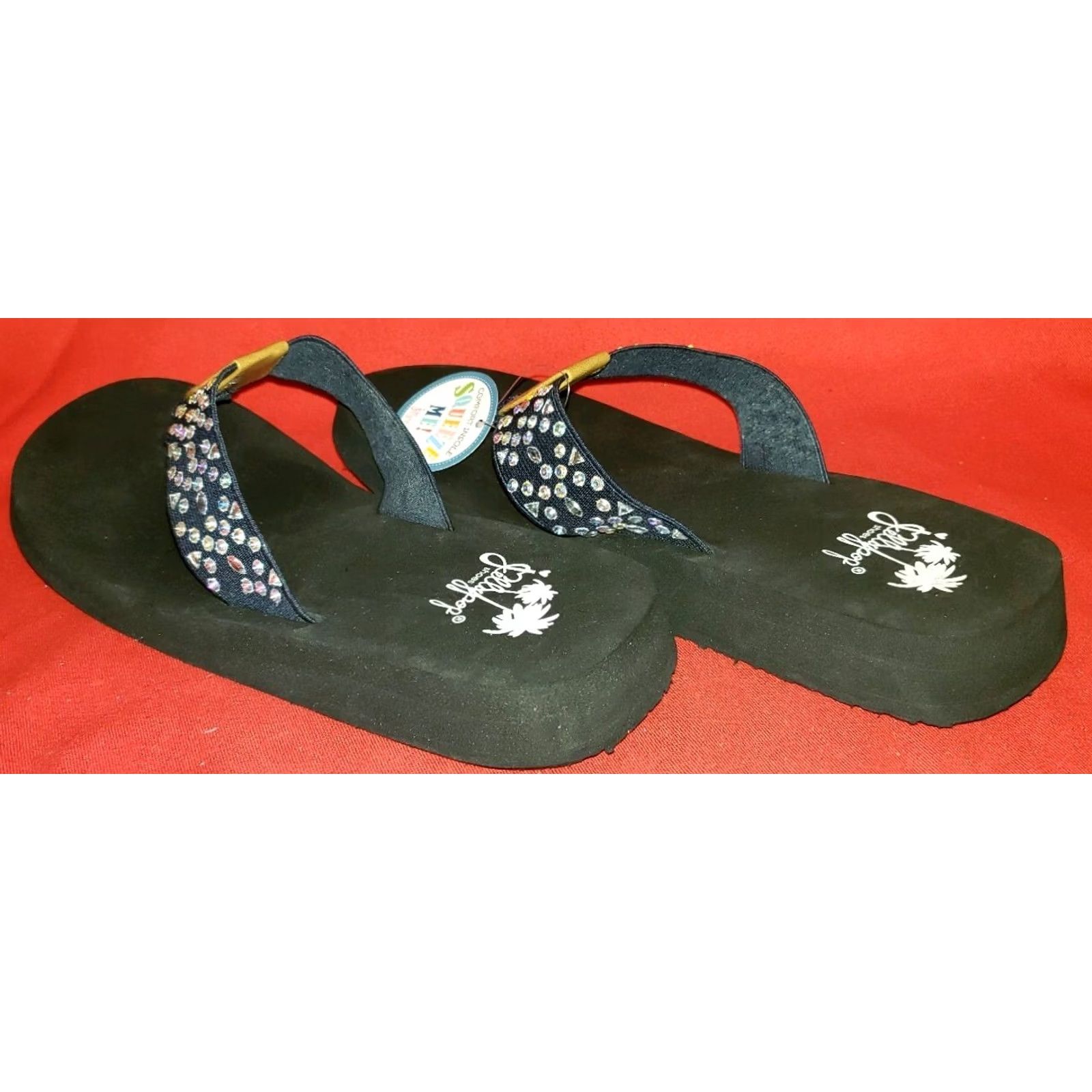 Vintage Jellypop Womens Slide Toe Post Sandals Size 9M Blue With Rhinestones Wedge Heel Size US 9 / IT 39 - 5 Thumbnail
