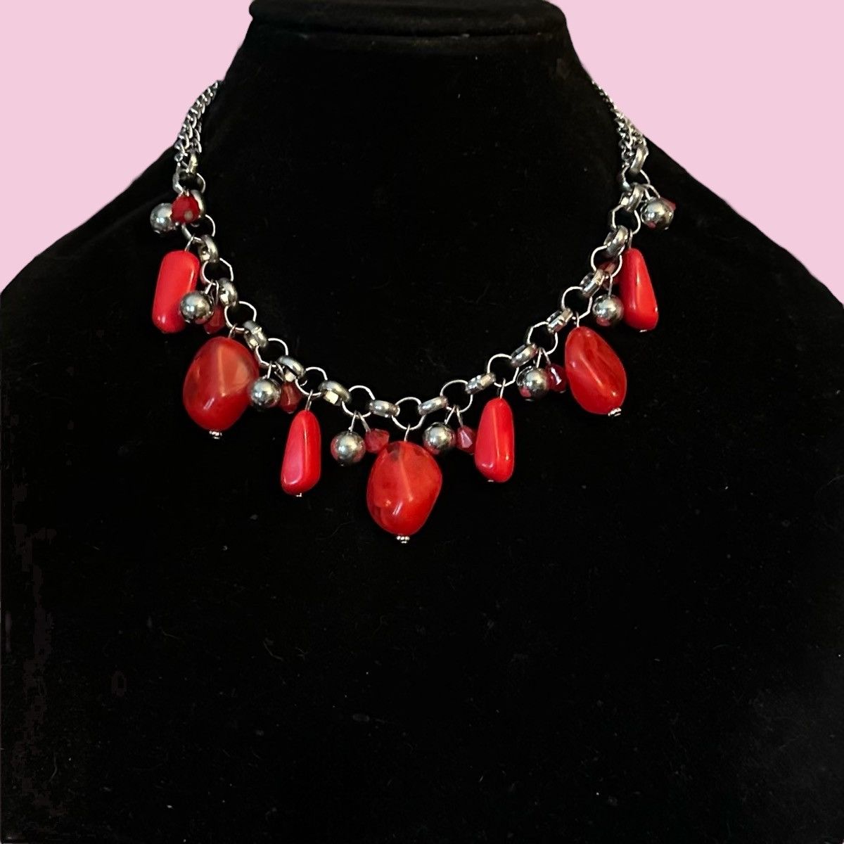 Other Chunky silver tone red dangle bead necklace and earrings Size ONE SIZE - 1 Thumbnail