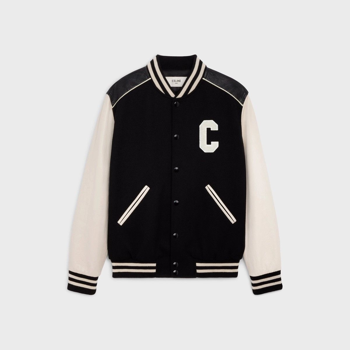 Celine NEW - FW21 Black C Patch Leather Sleeve Wool Teddy 54 Size US L / EU 52-54 / 3 - 2 Thumbnail