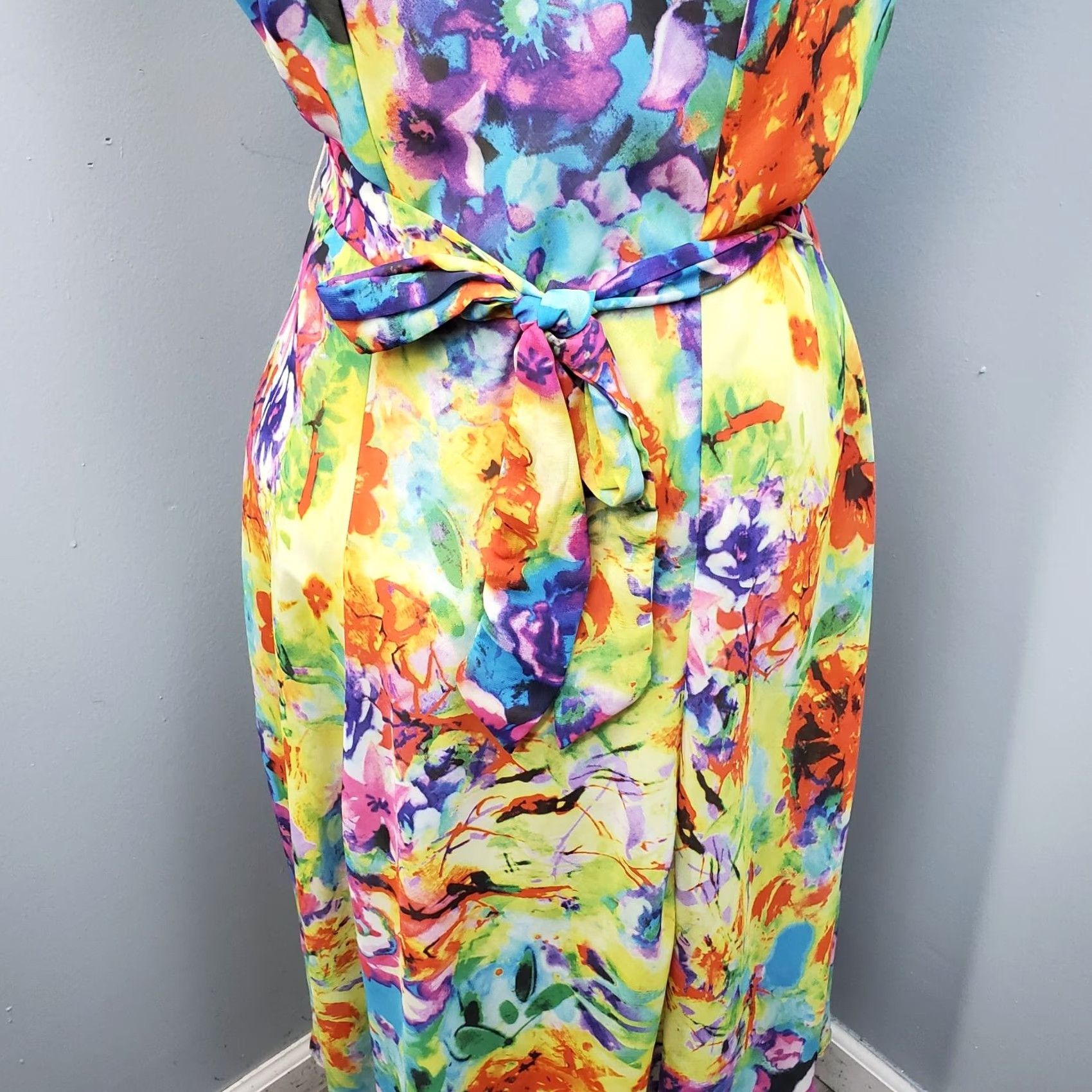 Vintage Robbie Bee Fit & Flare Dress Womens 12 Multi Tie Dye Floral Sweetheart Tie Waist Dress Size XL / US 12-14 / IT 48-50 - 4 Thumbnail