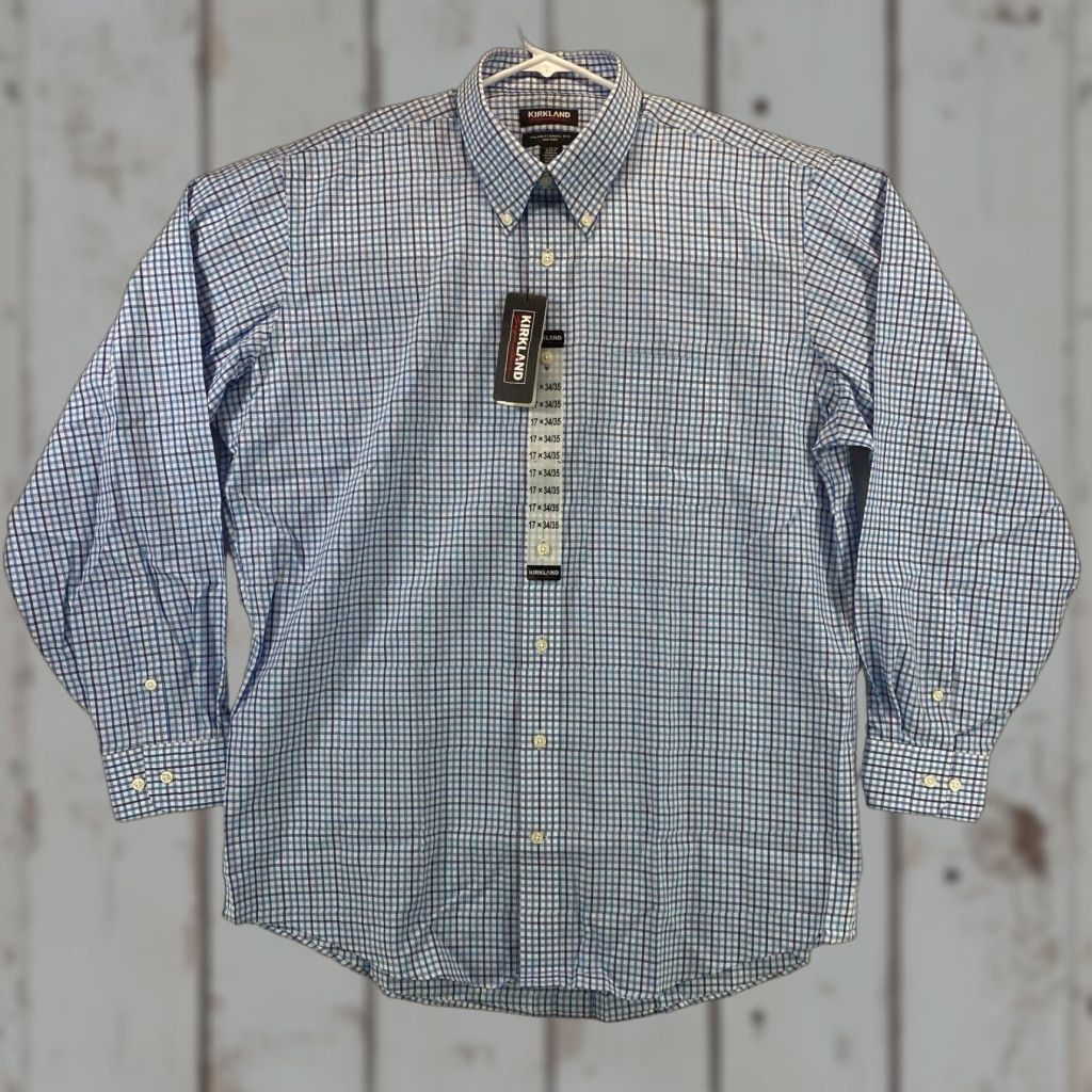 Vintage Kirkland Signature Mens XL 17 34/35 Non-Iron Dress Shirt Wrinkle Free NWT White/Blue Check 100% Cotton Button-Down Collar 17 Neck Size 46R - 1 Thumbnail