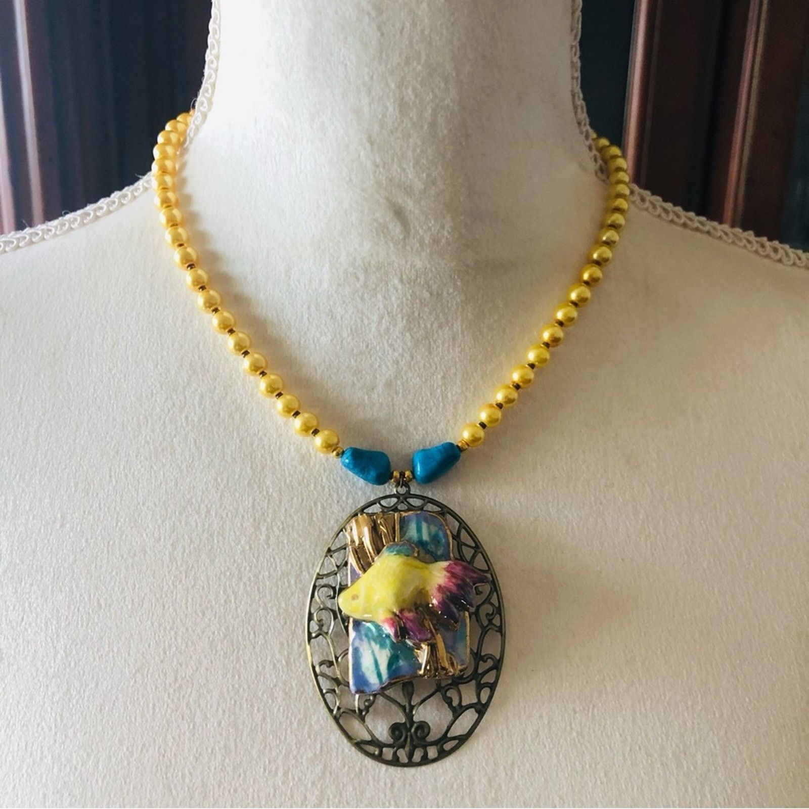 Handmade Handcrafted repurpose ceramic fish filigree Pearl necklace Size ONE SIZE - 3 Thumbnail